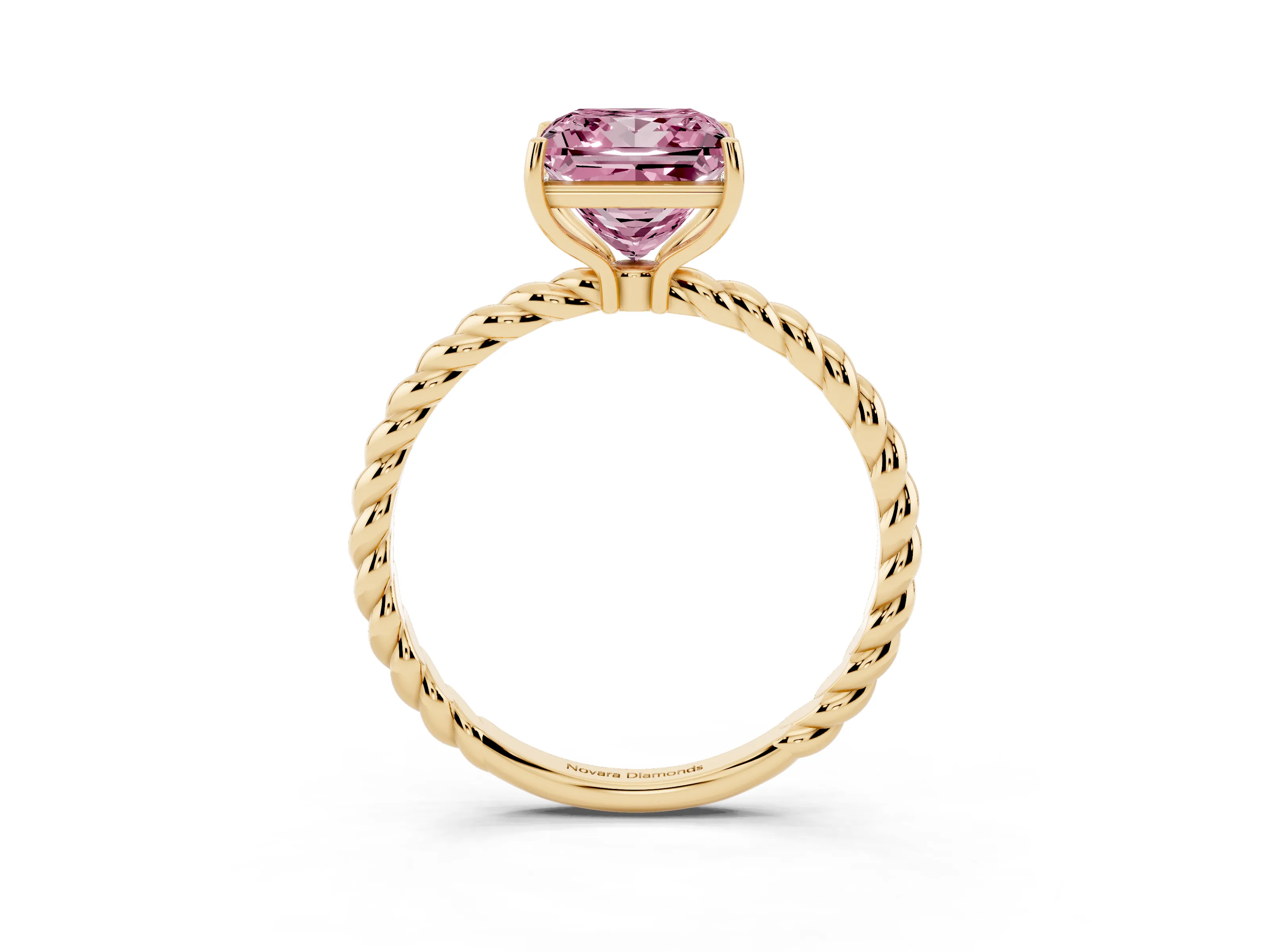 Fancy Pink Princess Cut Diamond Solitaire Ring Set in Yellow gold with Twist Band and Prong Setting