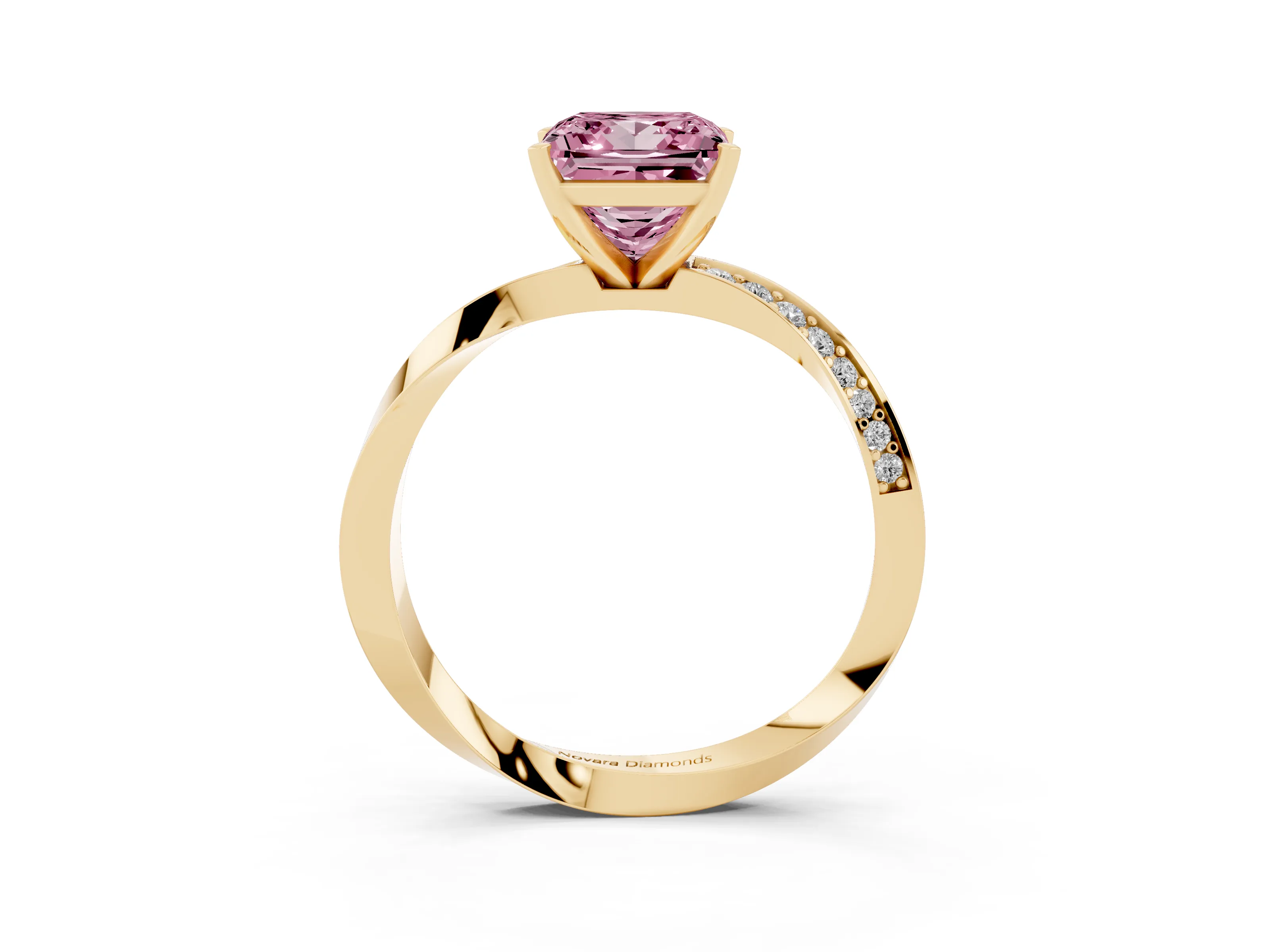 Fancy Pink Princess Cut Diamond Engagement Ring Set in Yellow gold with Side Stone Accents and Prong Setting