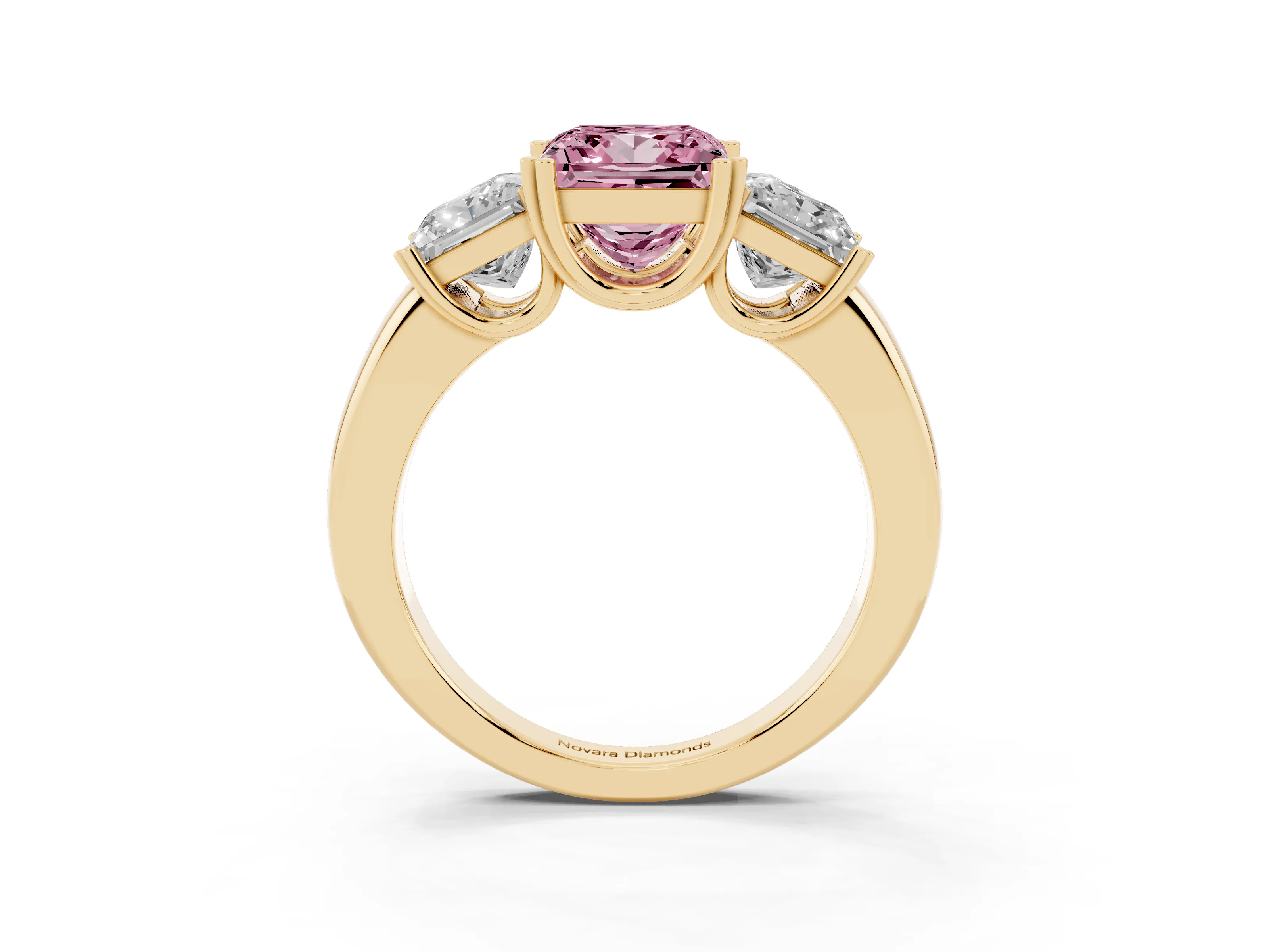Fancy Pink Princess Cut Diamond Three-Stone Ring Set in Yellow gold with Polished Channel-Set Band