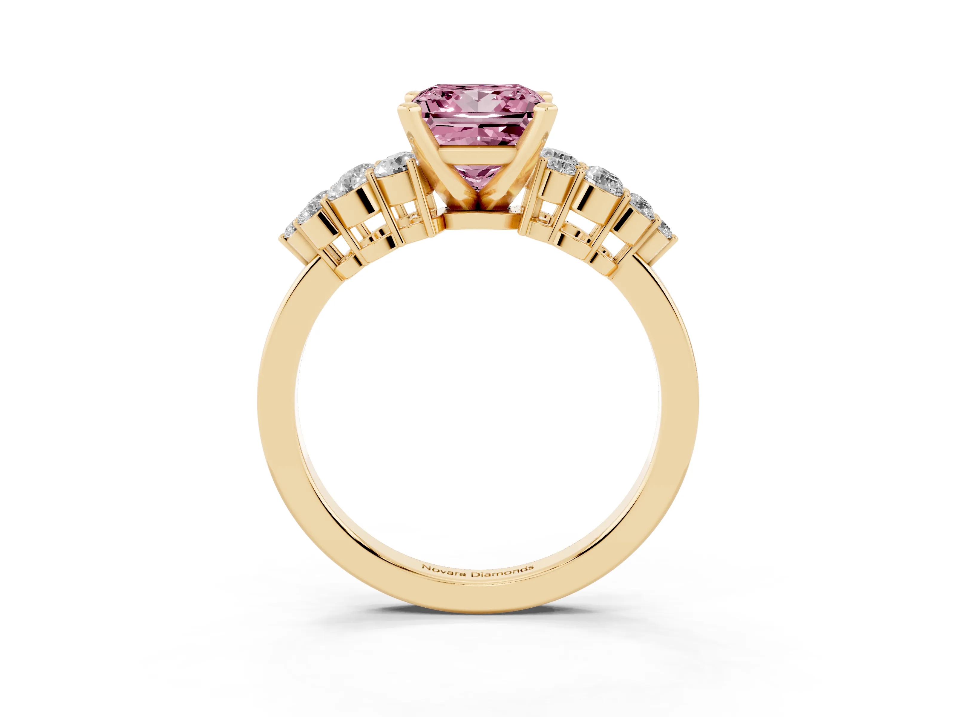 Fancy Pink Princess Cut Diamond Cluster Engagement Ring Set in Yellow gold with Pavé Band and Prong Setting