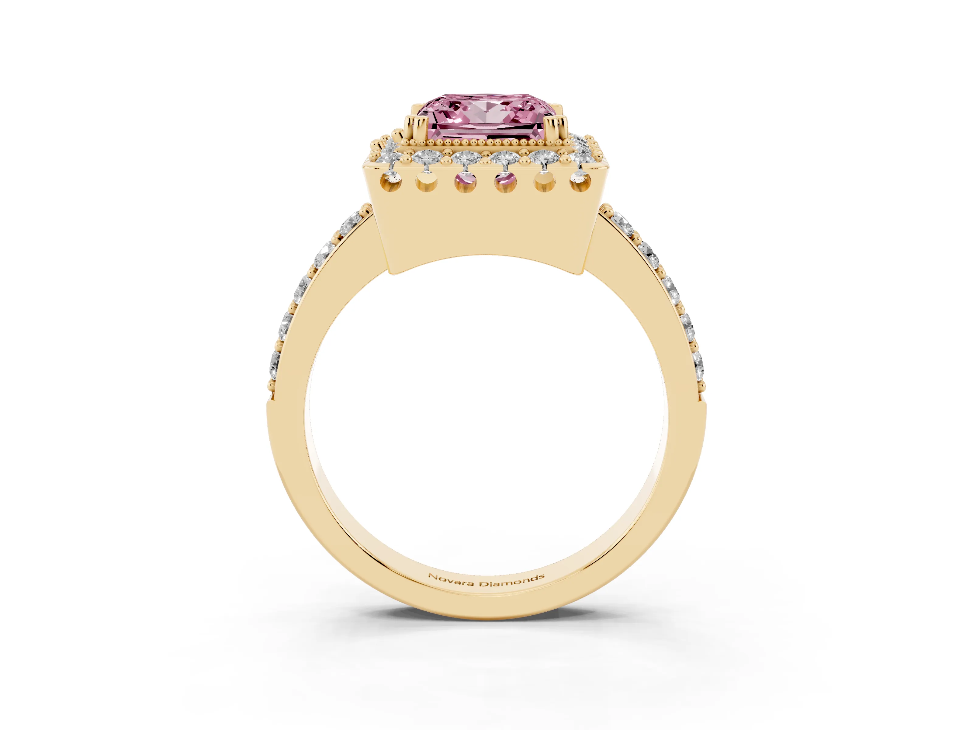 Fancy Pink Princess Cut Diamond Halo Ring Set in Yellow gold with Pavé Shank and Prong Setting