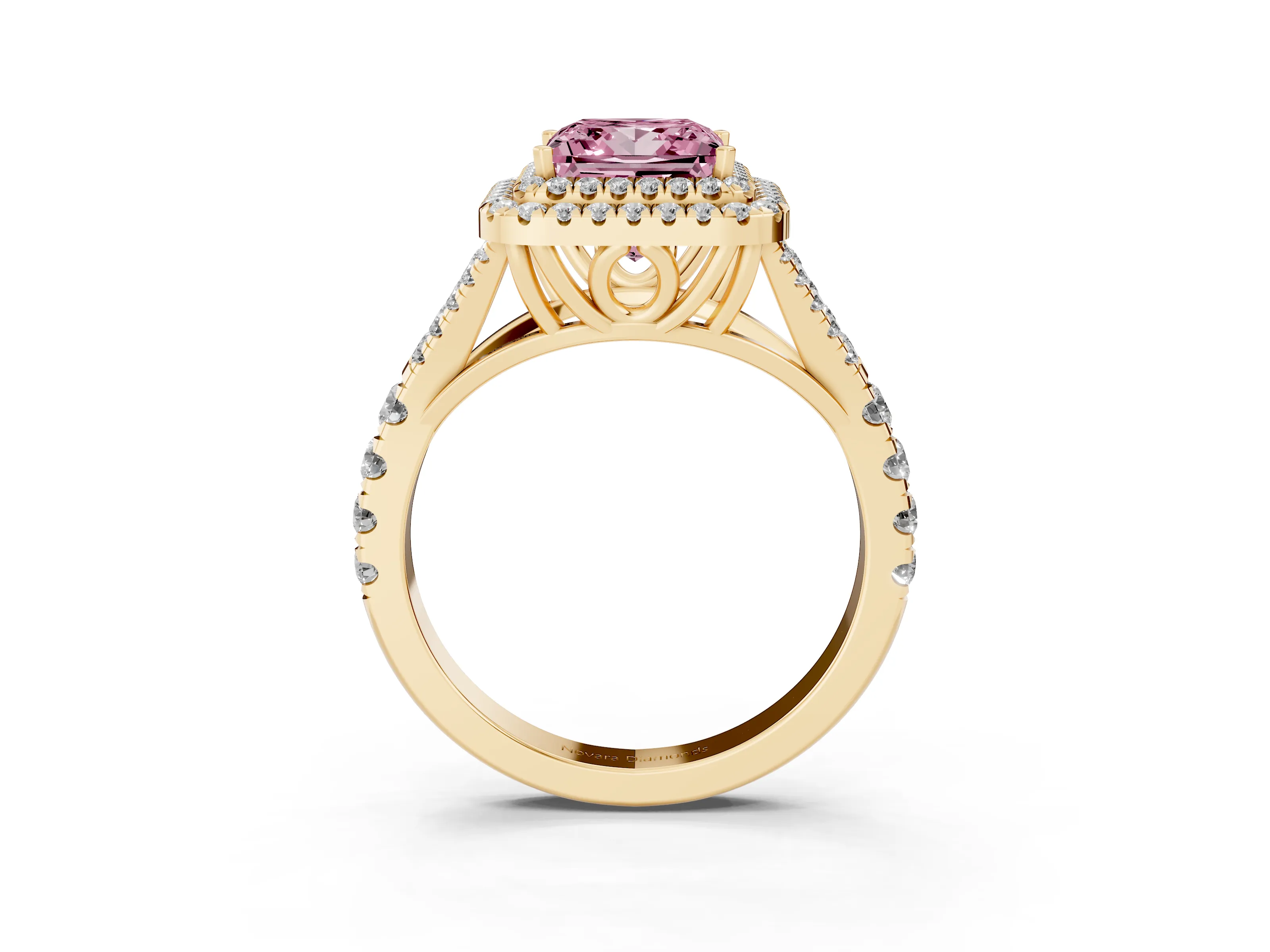 Fancy Pink Princess Cut Diamond Pavé Split Shank Double Halo Engagement Ring Set in Yellow gold
