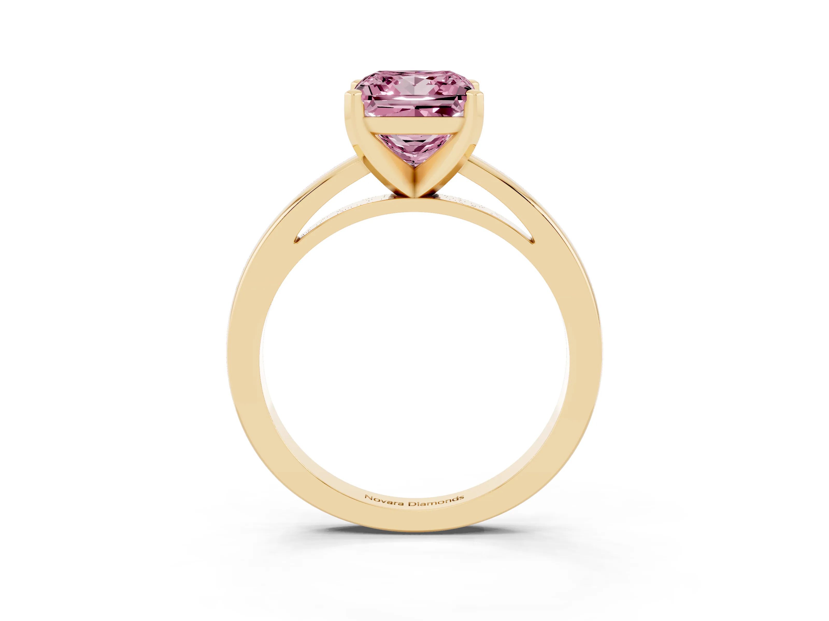 Fancy Pink Princess Cut Diamond Solitaire Engagement Ring Set in Yellow gold with Prong Setting on a Classic Band