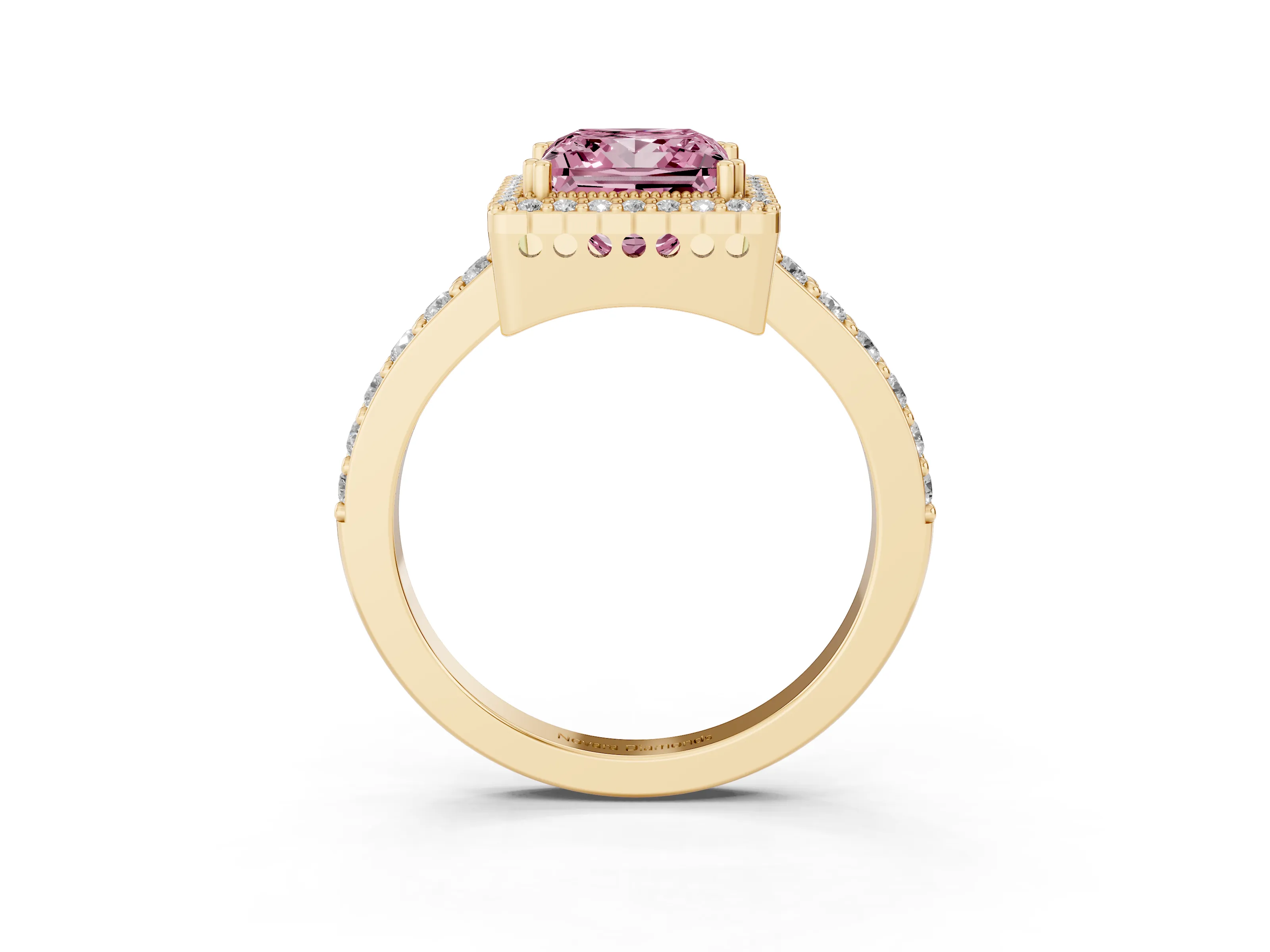 Fancy Pink Princess Cut Diamond Halo Engagement Ring Set in Yellow gold with Milgrain Detail and Pavé Band
