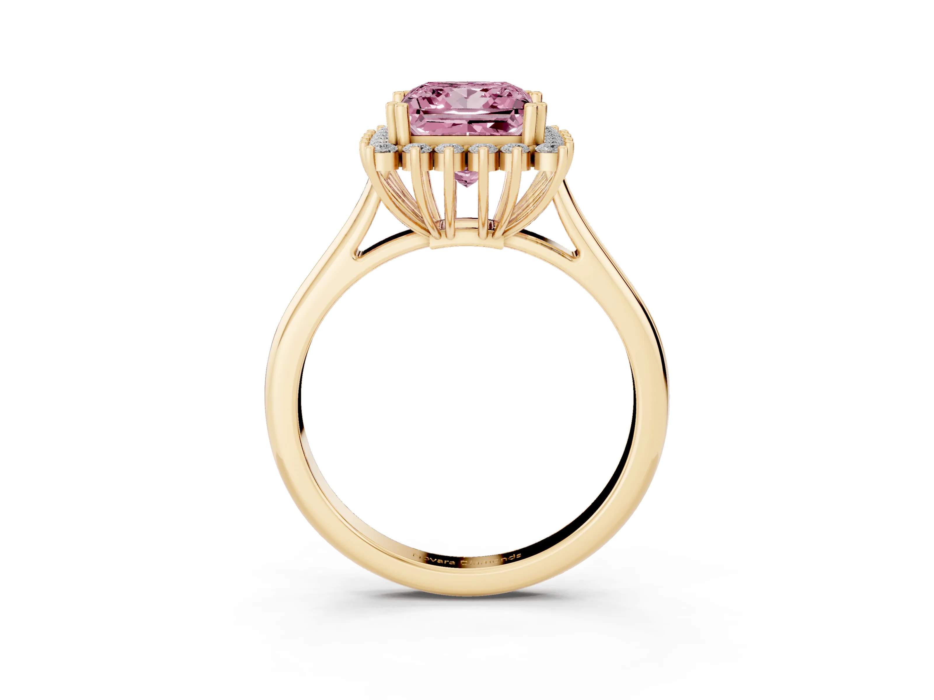 Fancy Pink Princess Cut Diamond Halo Ring Set in Yellow gold with Plain Solitaire Band and Prong Setting
