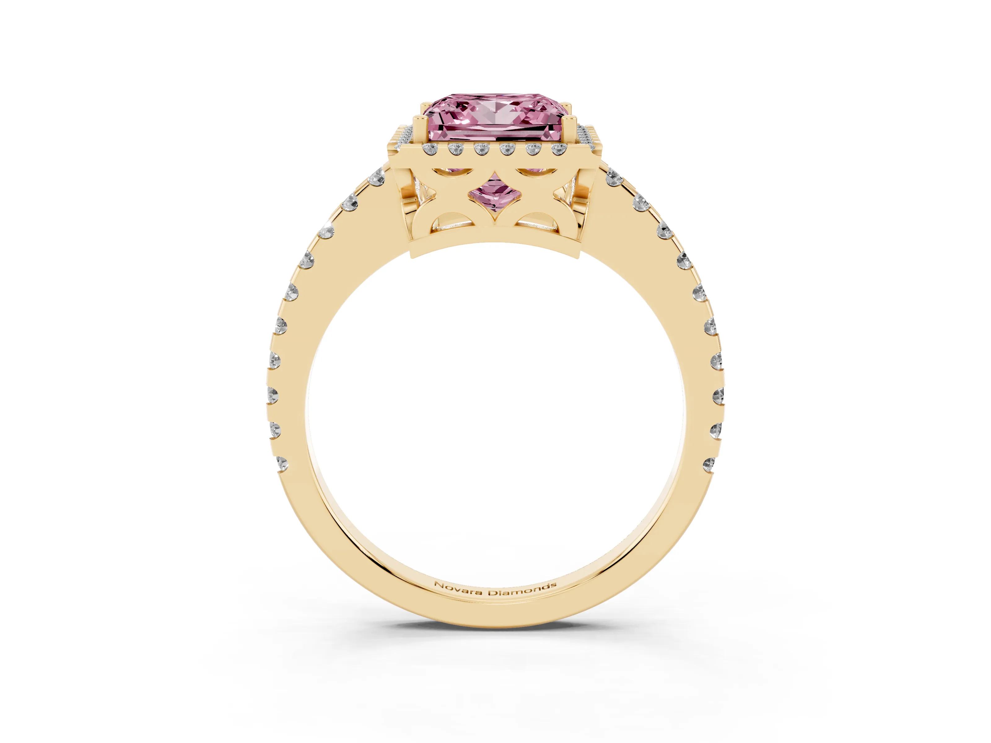 Fancy Pink Princess Cut Diamond Halo Ring Set in Yellow gold with Pavé Shoulders and Halo-Framed Center