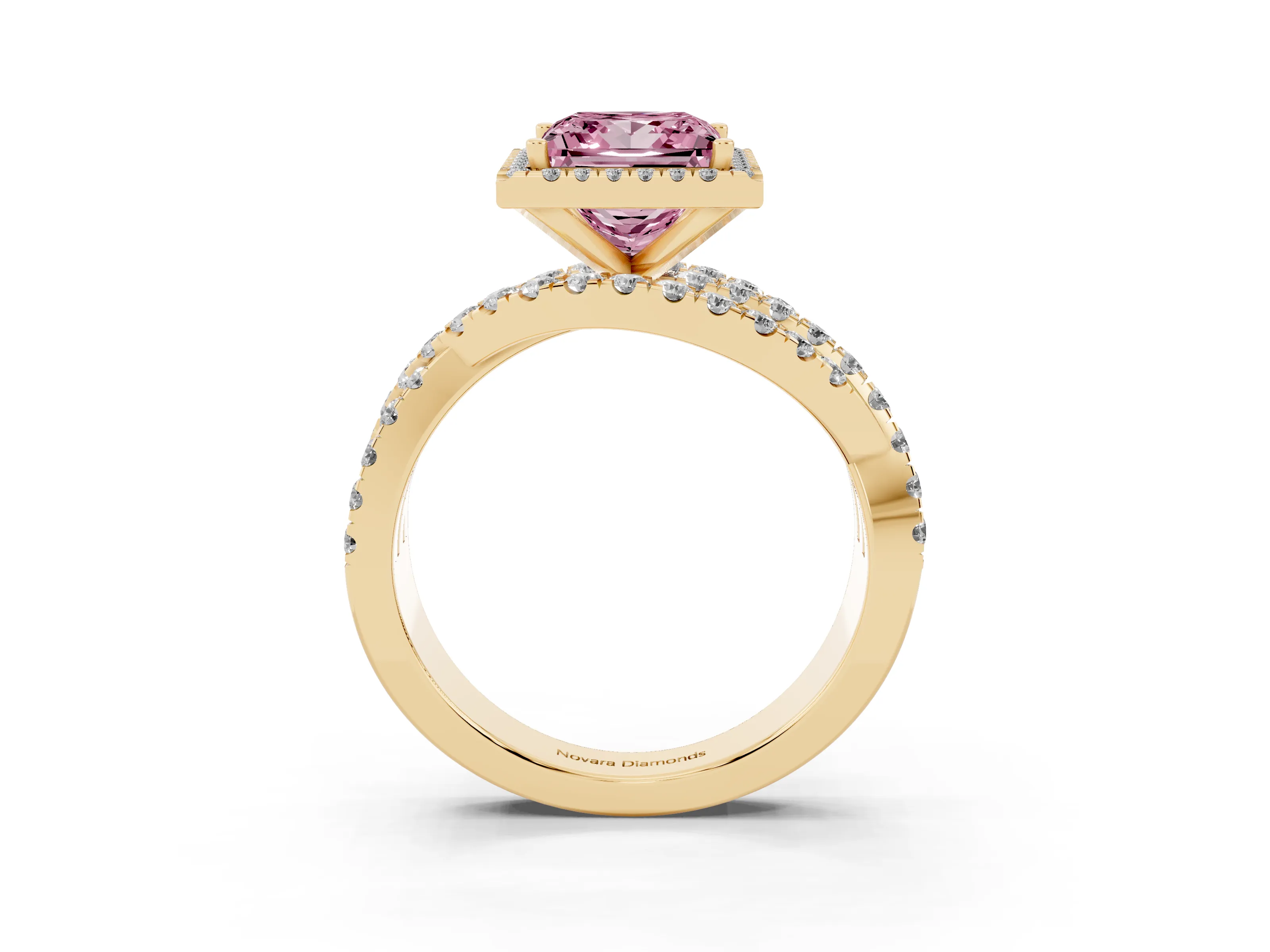 Fancy Pink Princess Cut Diamond Halo Ring Set in Yellow gold with Round Crossover Split Shank and Prong Setting