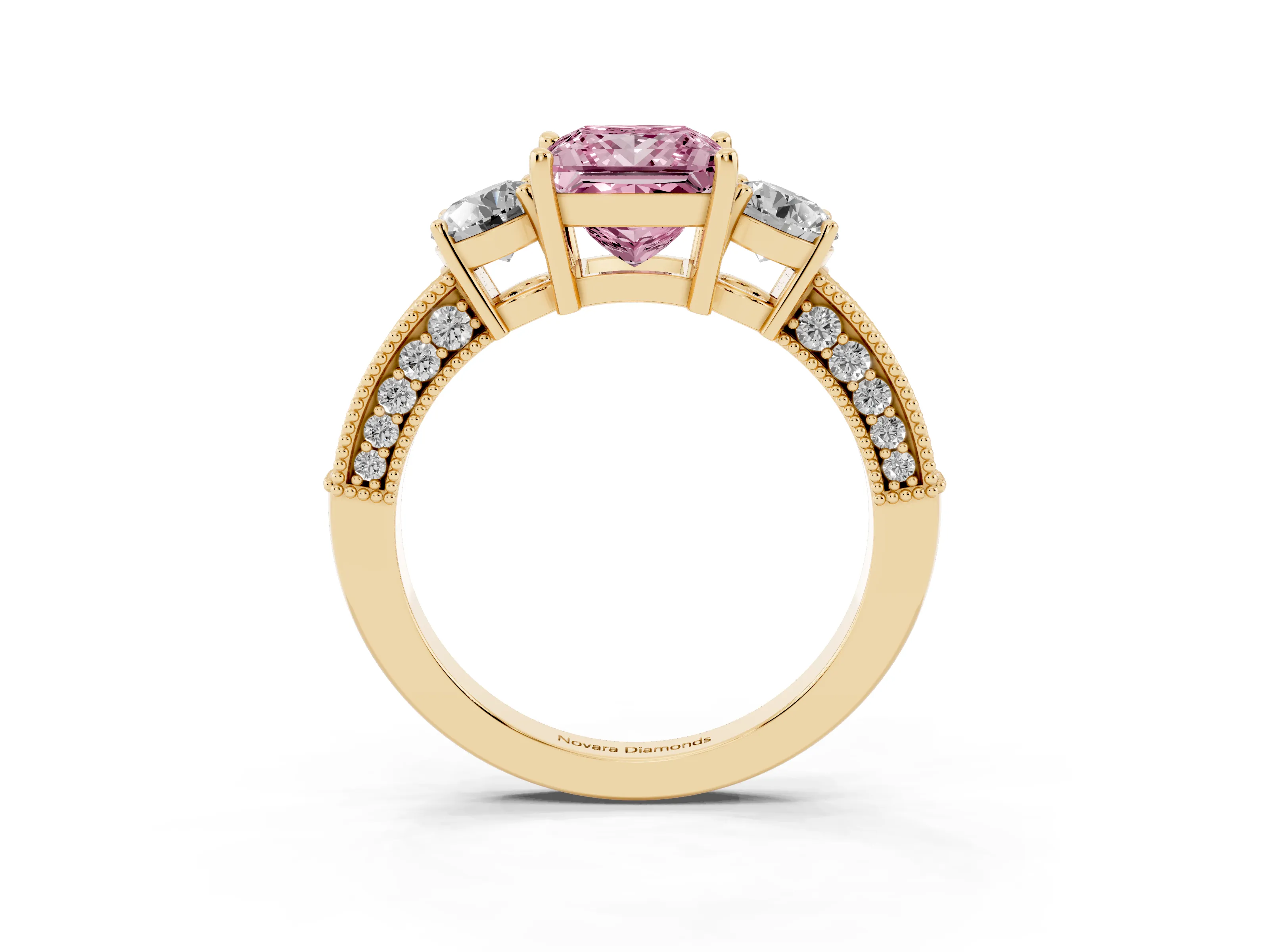 Fancy Pink Princess Cut Diamond Three-Stone Ring Set in Yellow gold with Round Side Stones and Pavé Band