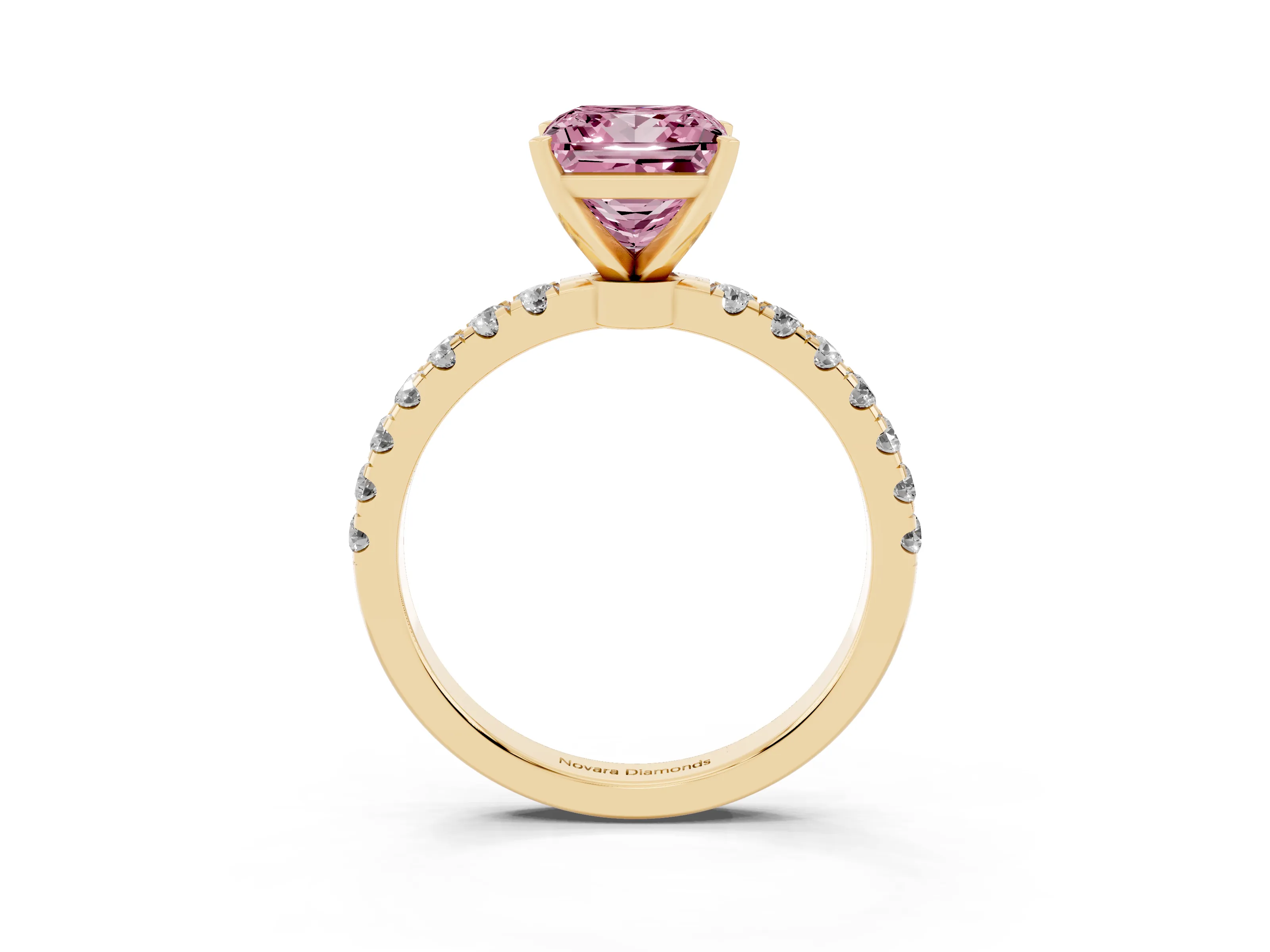 Fancy Pink Princess Cut Diamond Solitaire Ring Set in Yellow gold with Pavé Accents and Prong Setting