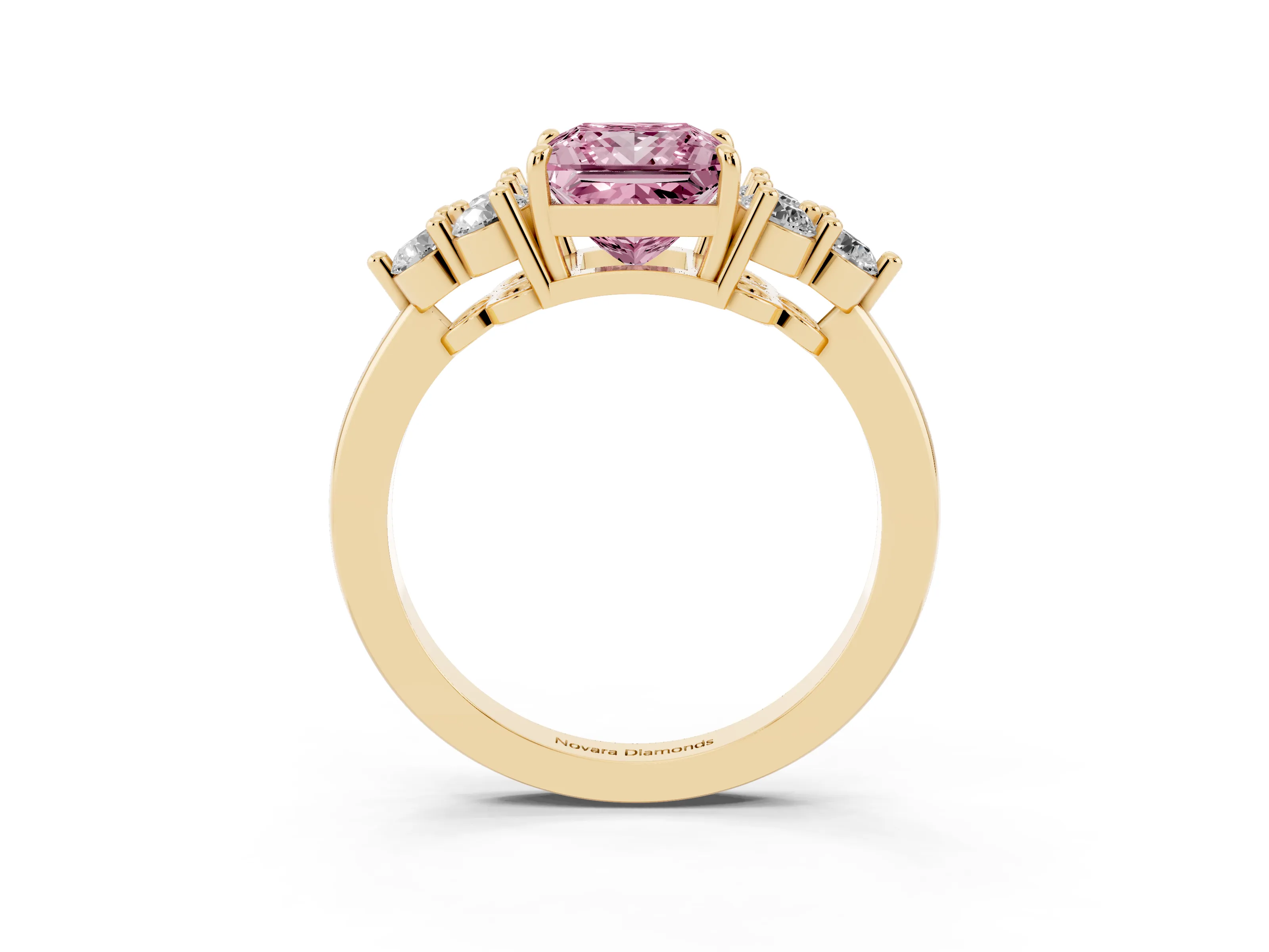 Fancy Pink Princess Cut Diamond Solitaire Ring Set in Yellow gold with Cluster Accents on Each Side