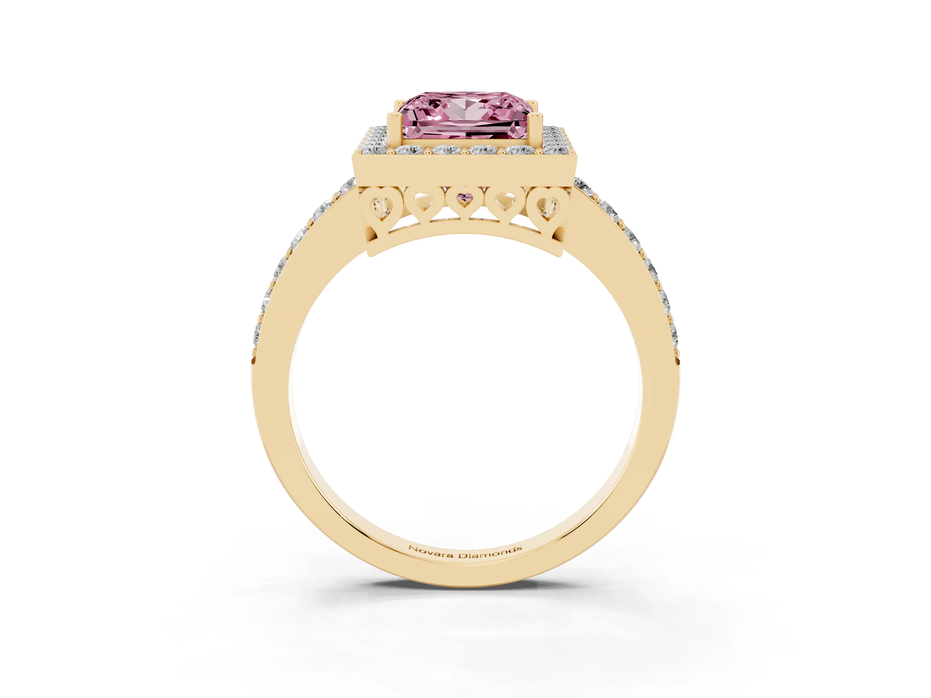 Fancy Pink Princess Cut Diamond Halo Ring Set in Yellow gold with Pavé-Setting Band and Open Prong Center