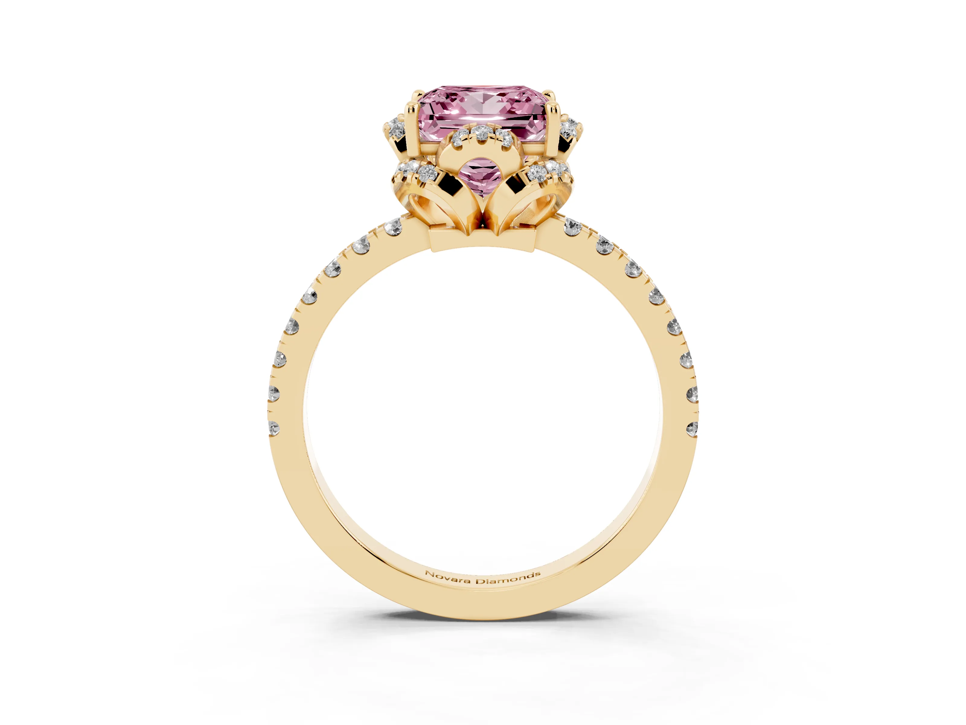 Fancy Pink Princess Cut Diamond Halo Pavé Band Ring Set in Yellow gold with Prong-Held Center