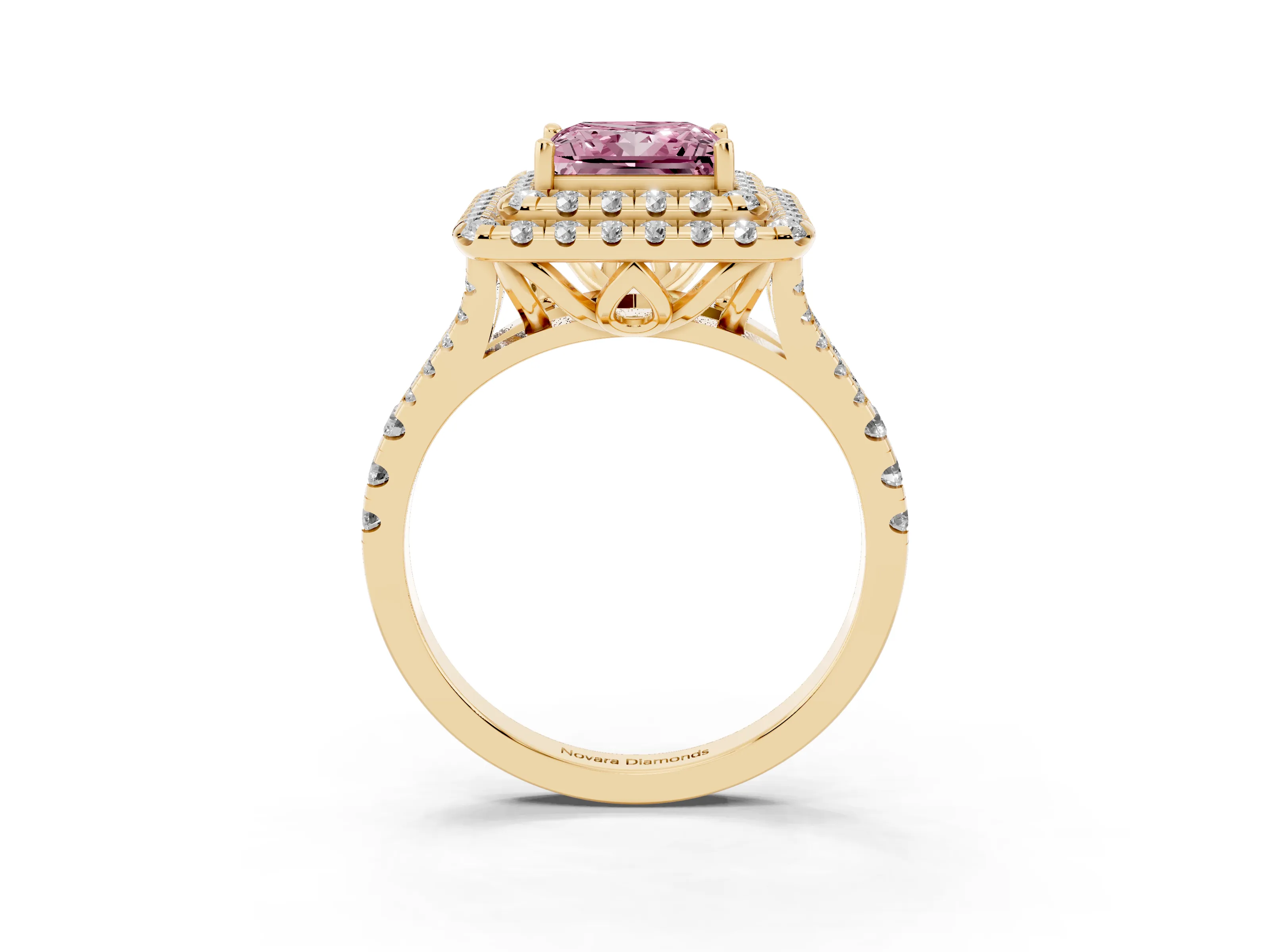 Fancy Pink Princess Cut Diamond Double Halo Ring Set in Yellow gold with Pavé Split Shank and Prong Setting