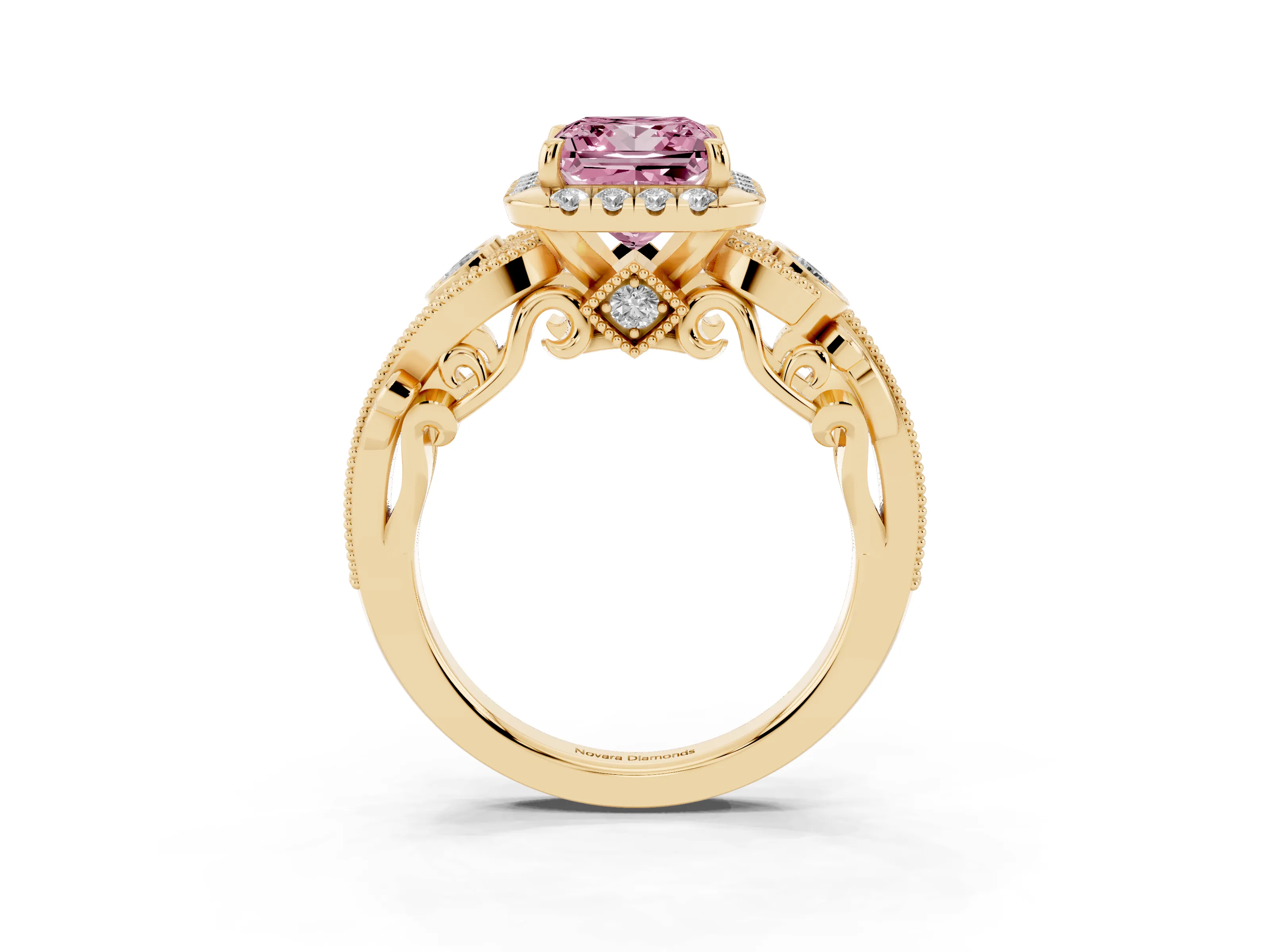 Fancy Pink Princess Cut Diamond Halo Split Shank Ring Set in Yellow gold with Milgrain and Bezel Accents