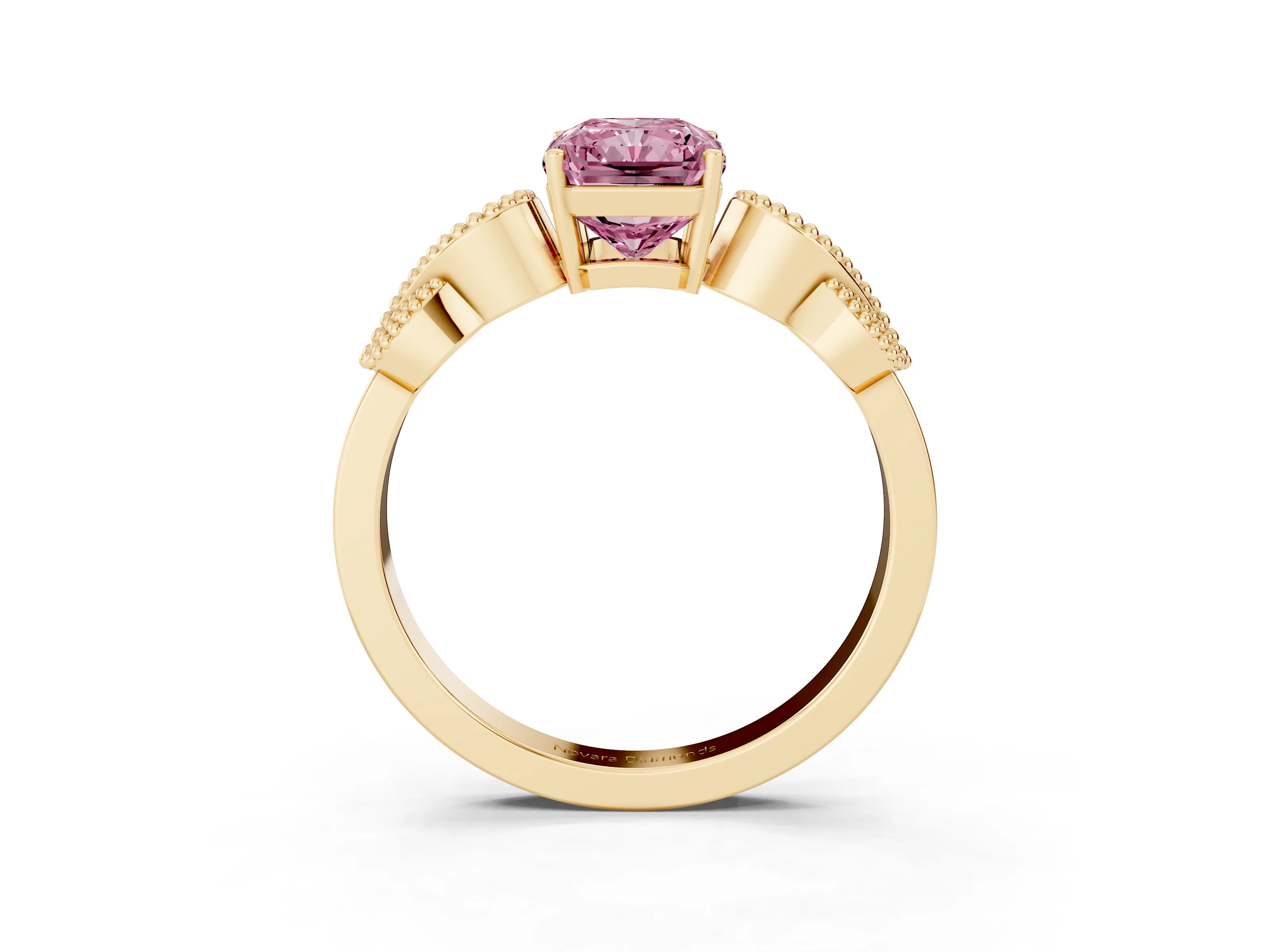Fancy Pink Princess Cut Diamond Milgrain Leaf Band Solitaire Ring Set in Yellow gold with Accent Stones and Prong Setting