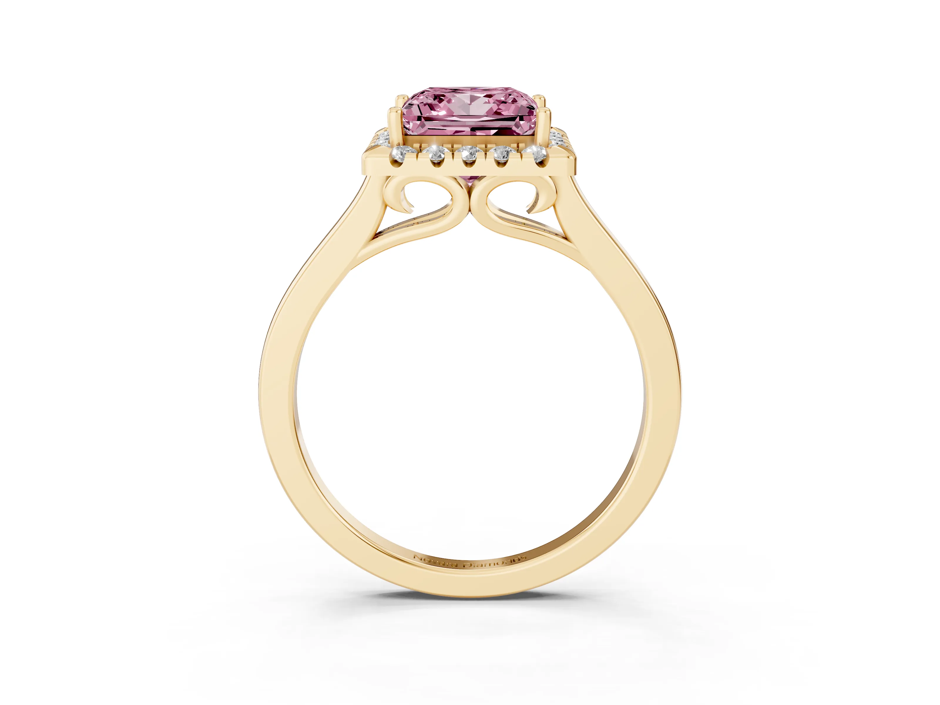 Fancy Pink Princess Cut Halo Round Diamond Solitaire Ring Set in Yellow gold with Pavé Band and Prong Setting