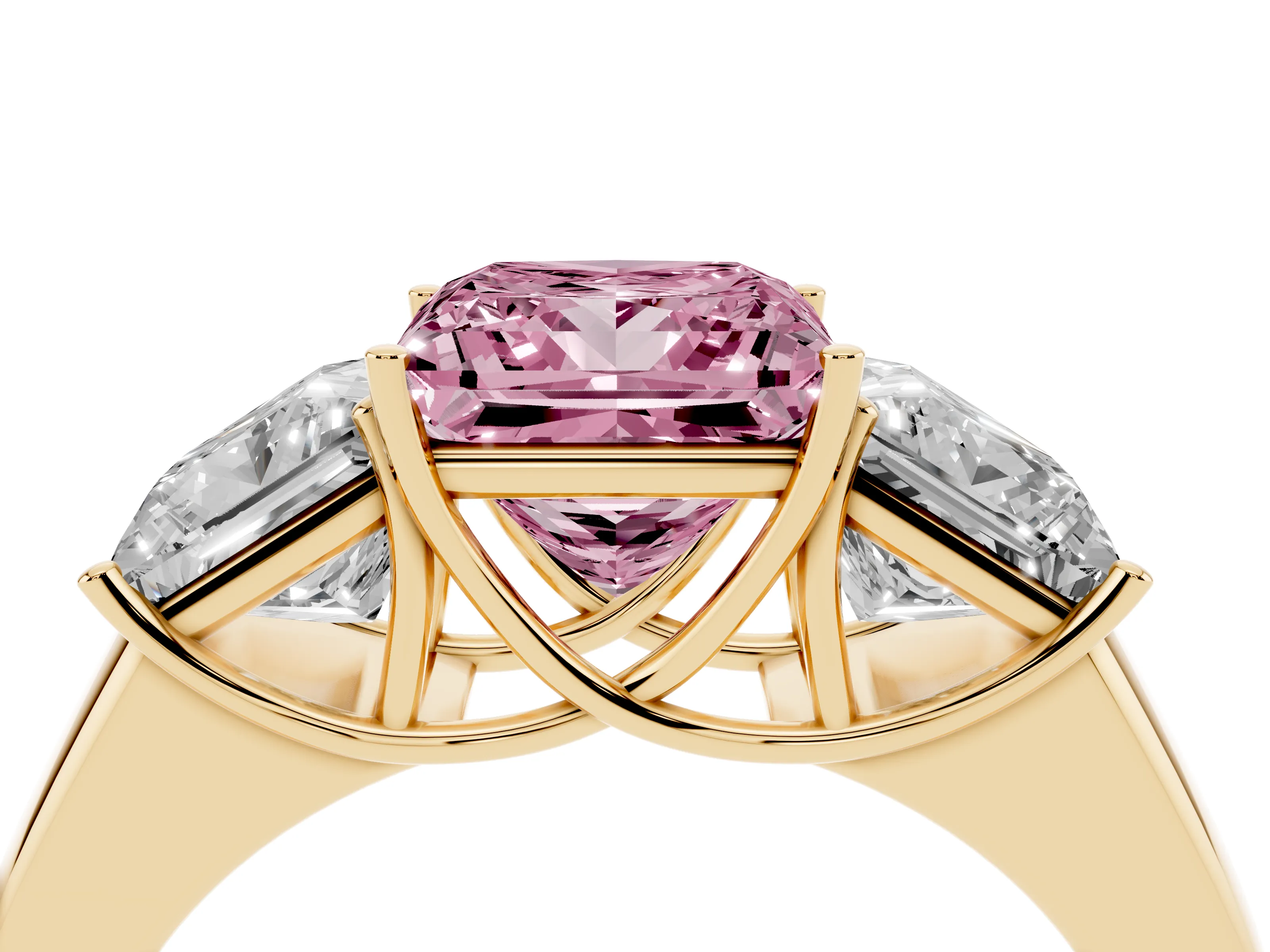 Fancy Pink Three-Stone Princess Cut Diamond Ring Set in Yellow gold with Matching Prong Settings and Plain Band