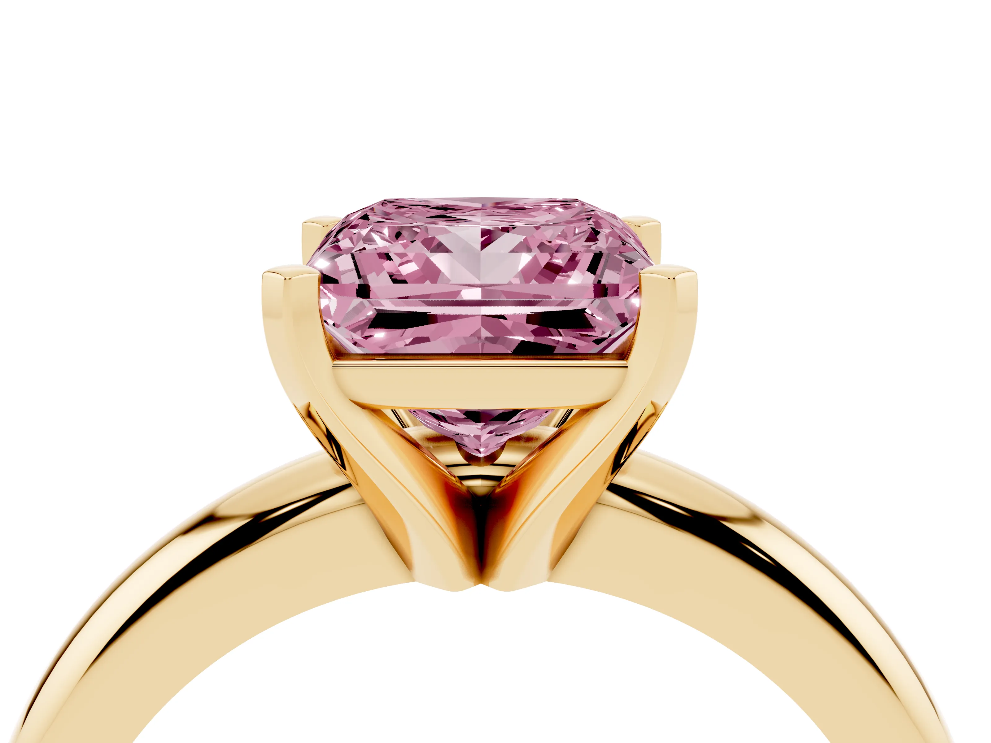 Fancy Pink Princess Cut Diamond Solitaire Engagement Ring Set in Yellow gold with Round Band and Prong Setting