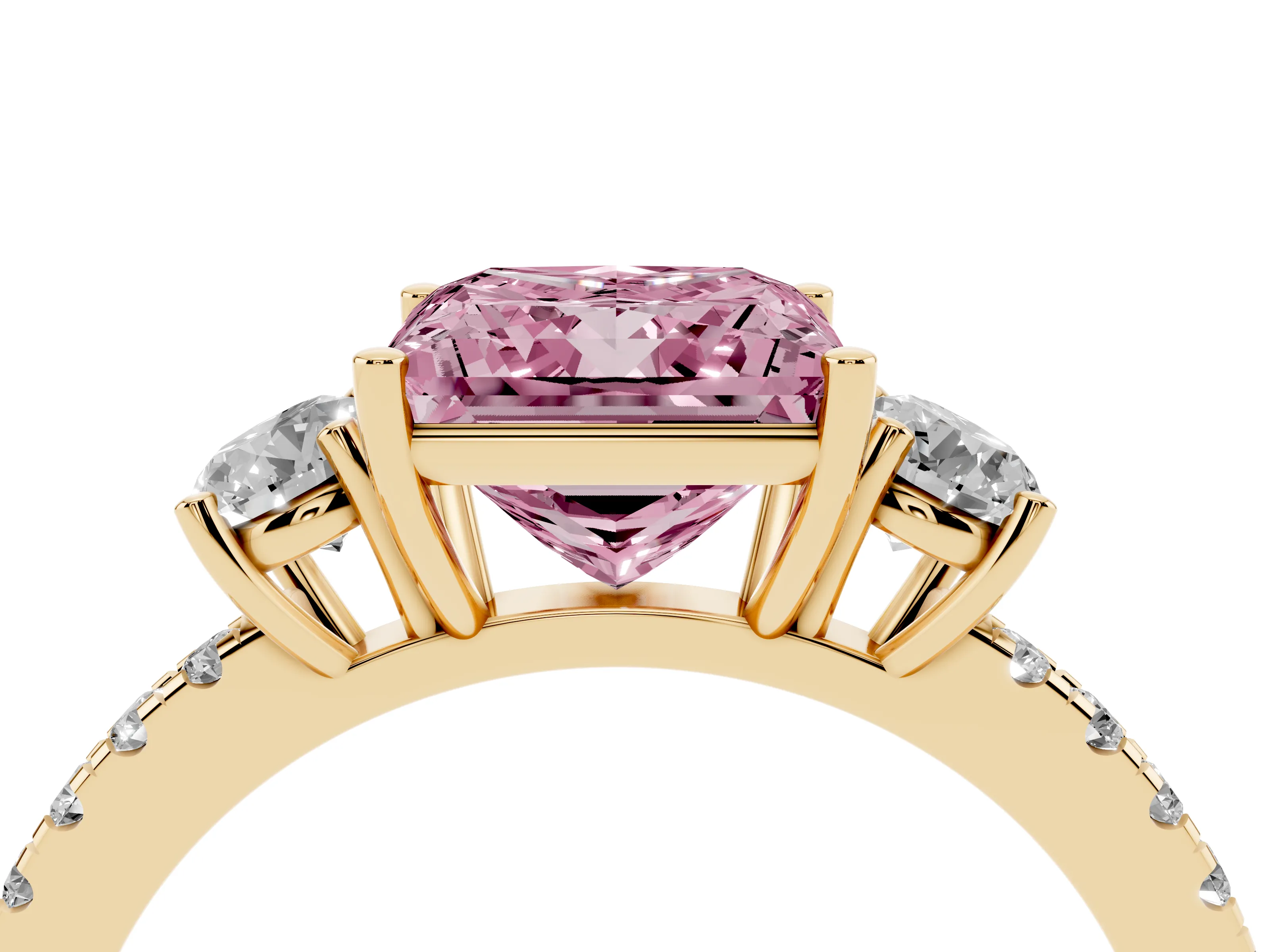 Fancy Pink Princess Cut Diamond Three-Stone Ring Set in Yellow gold with Pavé Band and Graduated Sides