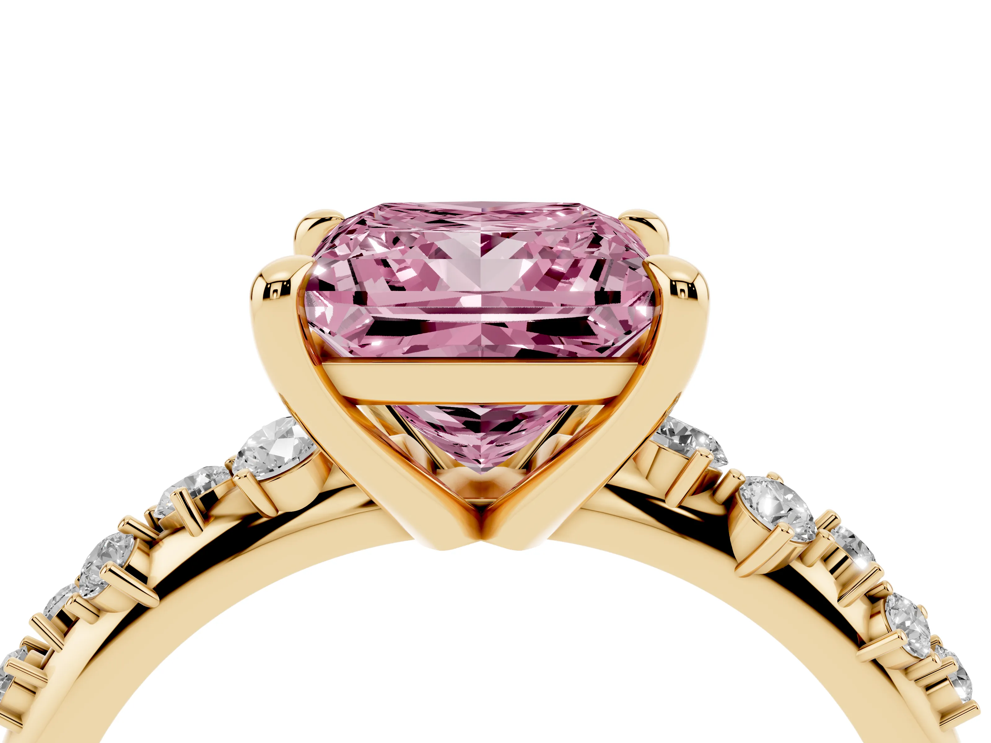 Fancy Pink Princess Cut Diamond Solitaire Vine Band Ring Set in Yellow gold with Round Accents and Prong Setting