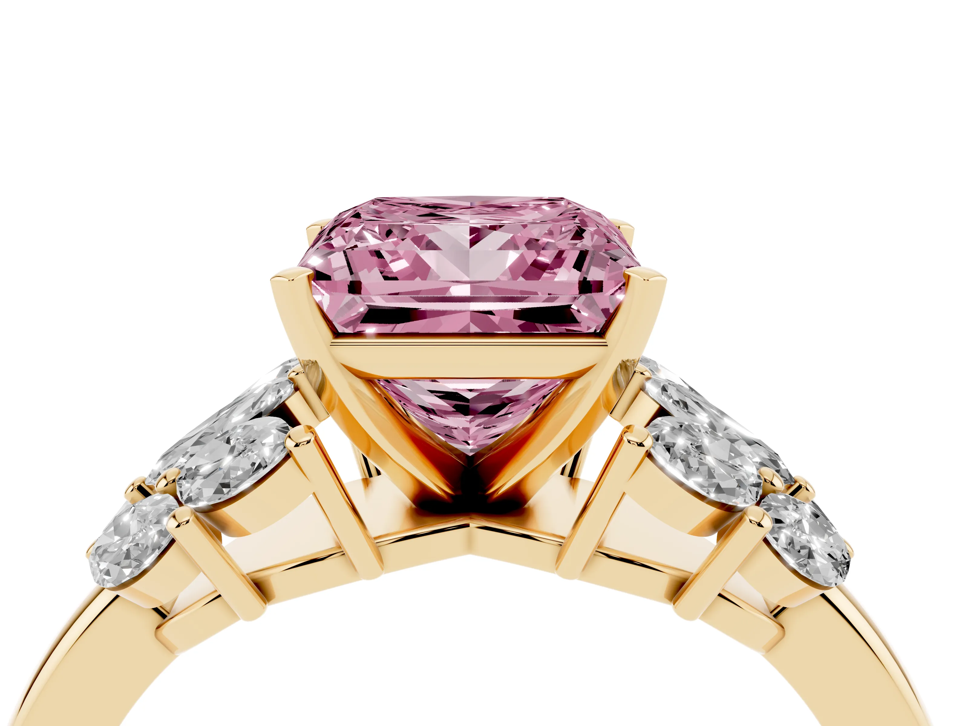 Fancy Pink Princess Cut Diamond Cluster Leaf Design Ring Set in Yellow gold with Prong Setting