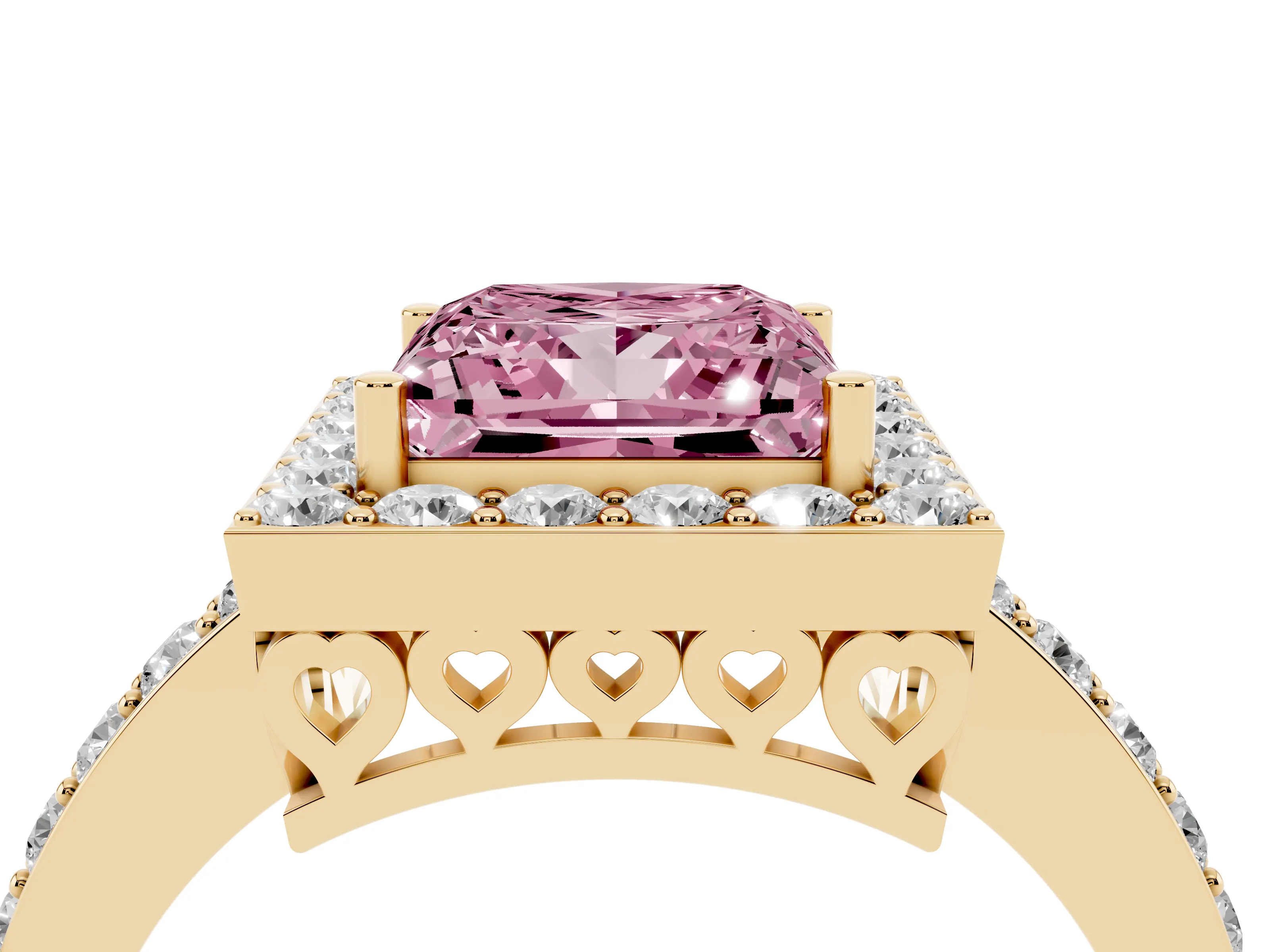 Fancy Pink Princess Cut Diamond Halo Ring Set in Yellow gold with Pavé-Setting Band and Open Prong Center