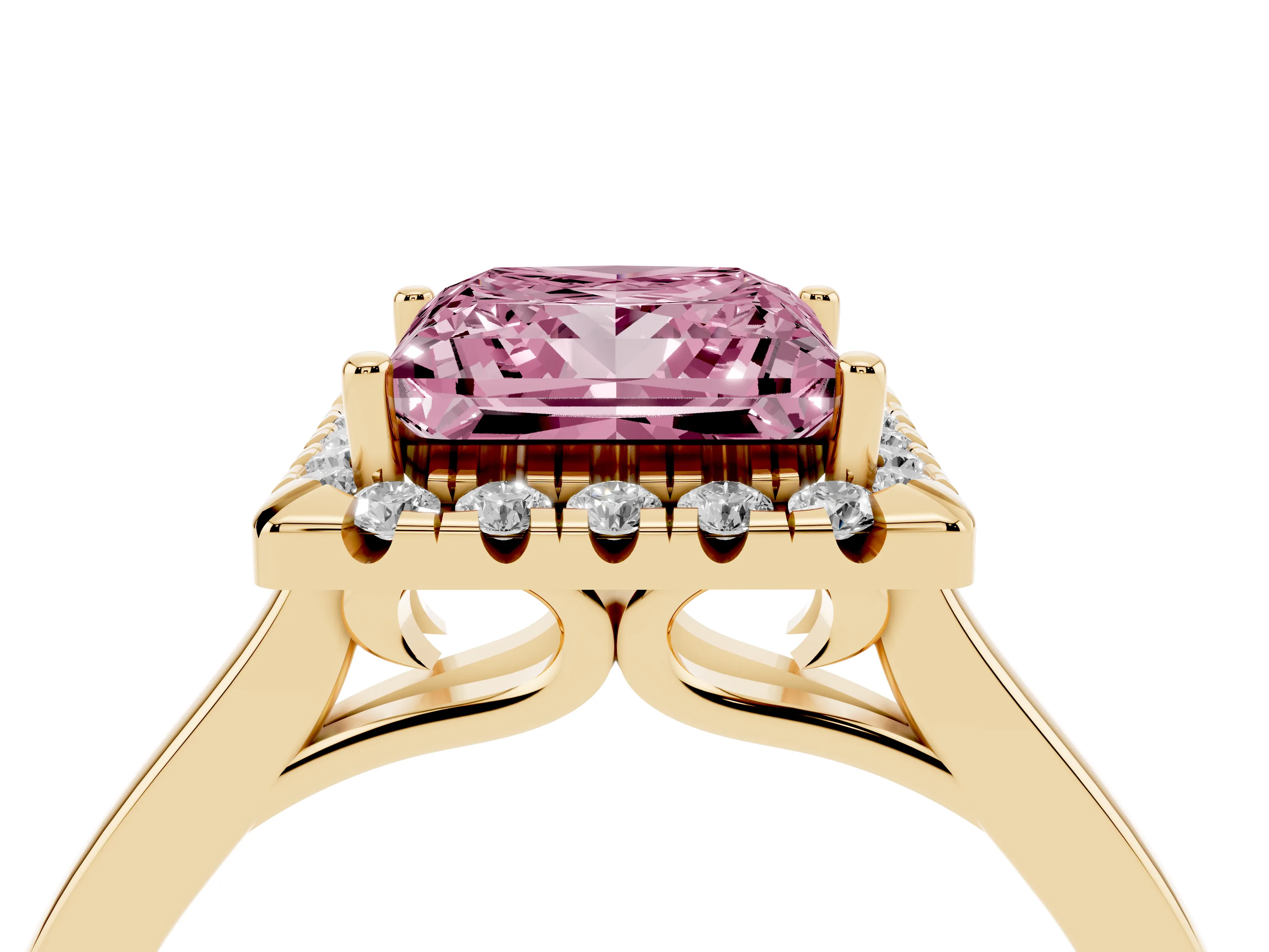 Fancy Pink Princess Cut Halo Round Diamond Solitaire Ring Set in Yellow gold with Pavé Band and Prong Setting