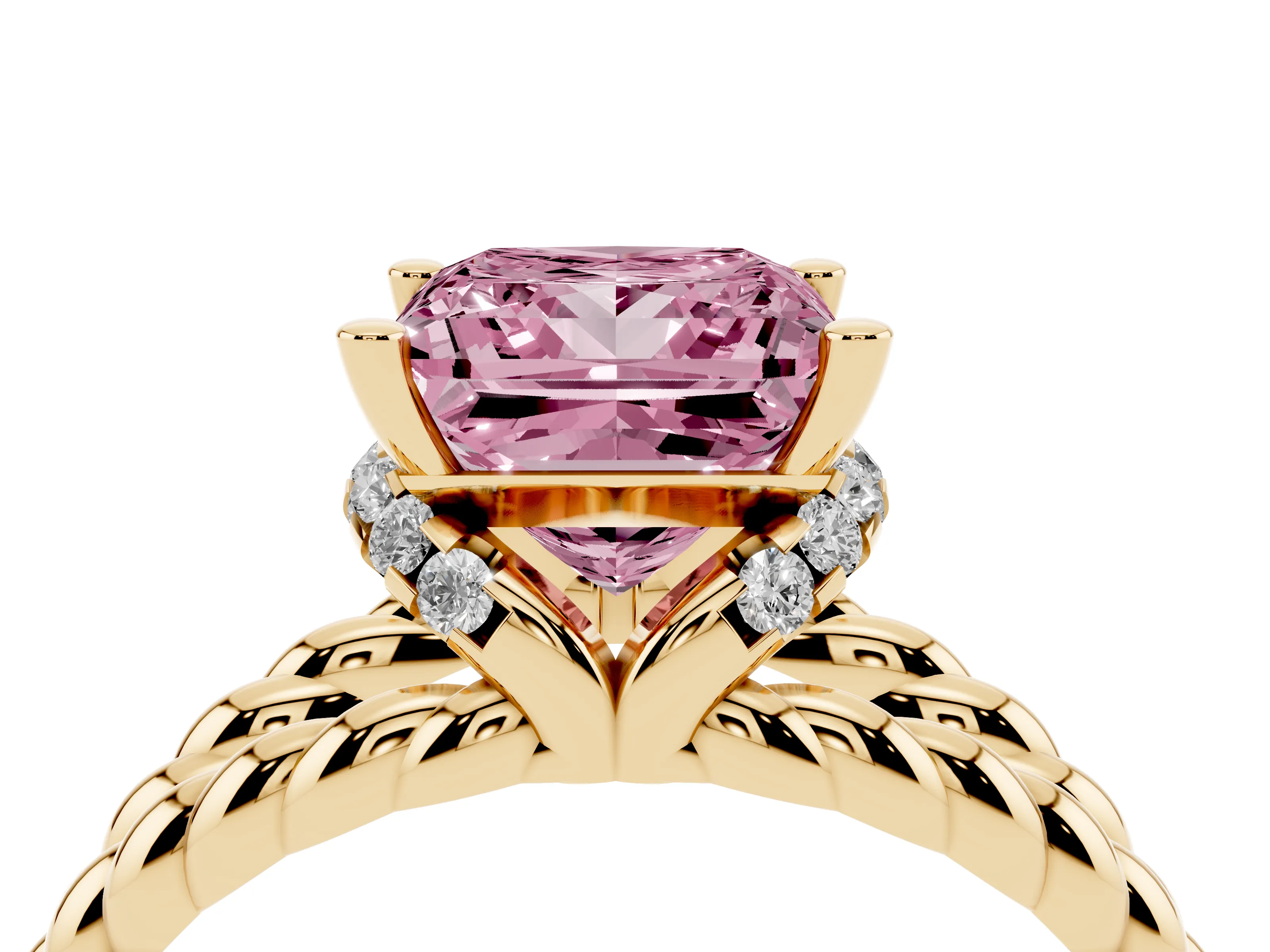 Fancy Pink Princess Cut Diamond Halo Ring Set in Yellow gold with Twisted Band and Prong Setting