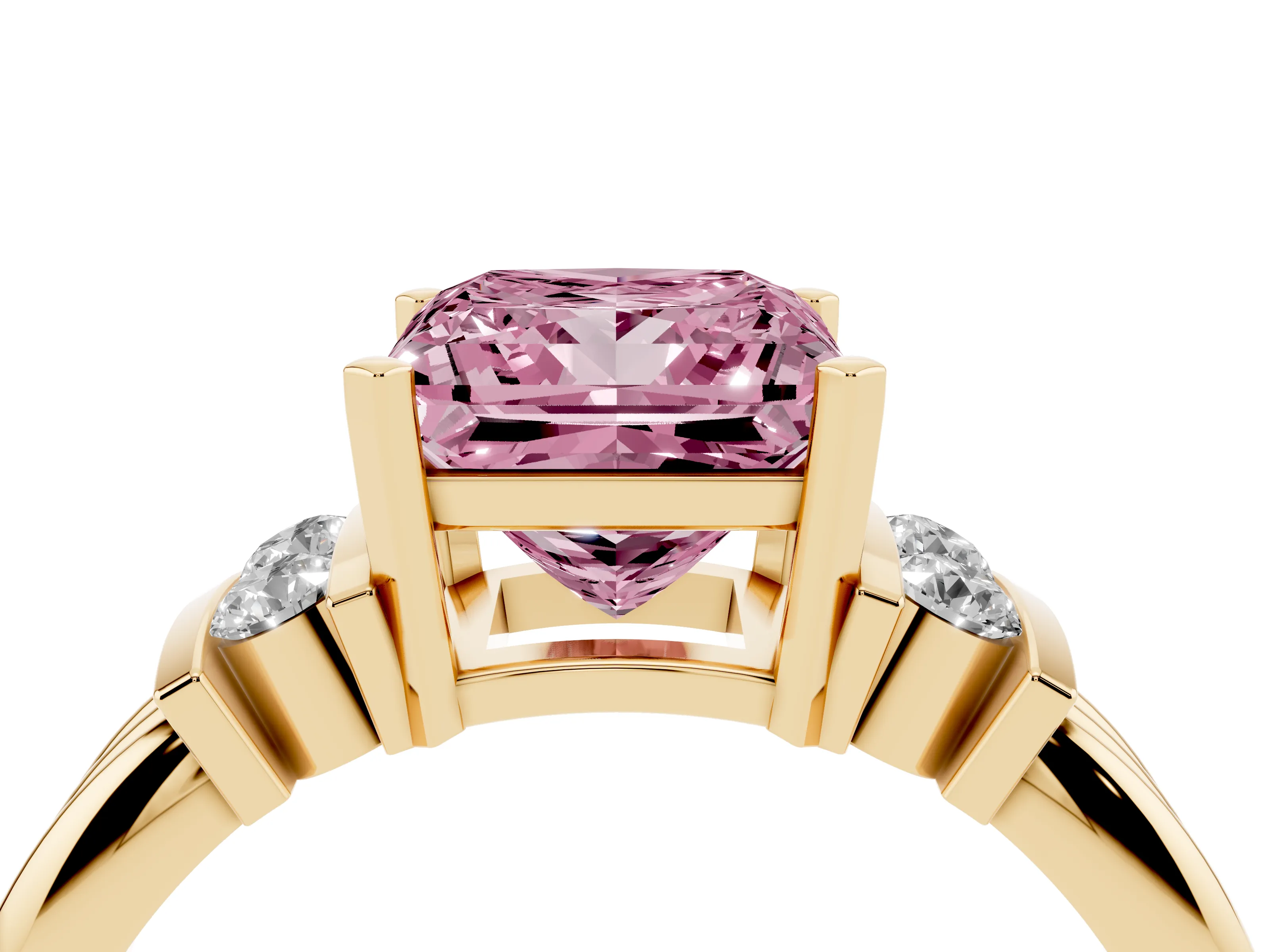 Fancy Pink Three-Stone Princess Cut Diamond Channel Set Ring Set in Yellow gold with Bar Prongs