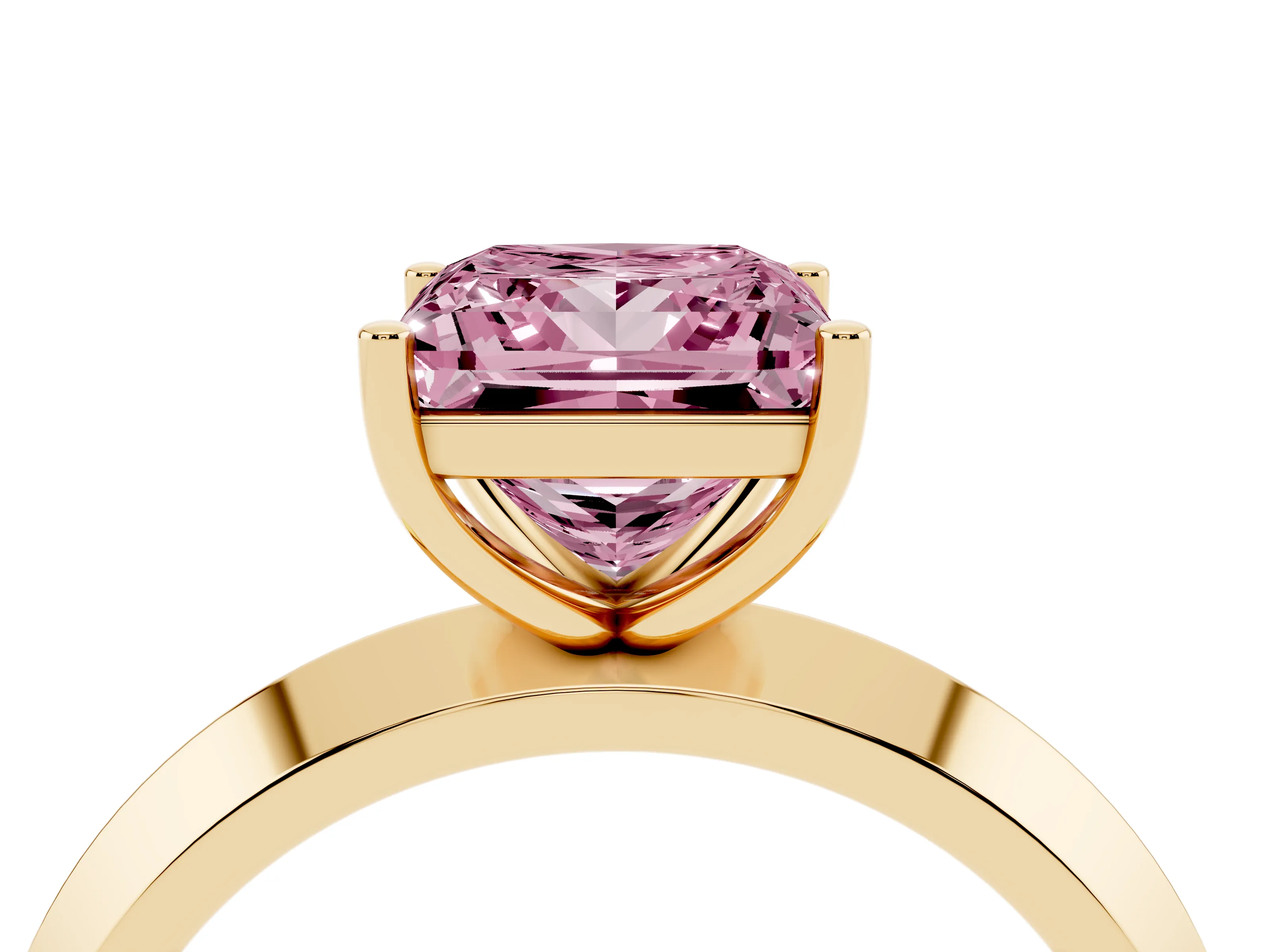 Fancy Pink Princess Cut Diamond Solitaire Engagement Ring Set in Yellow gold with Flat Band and Prong Setting