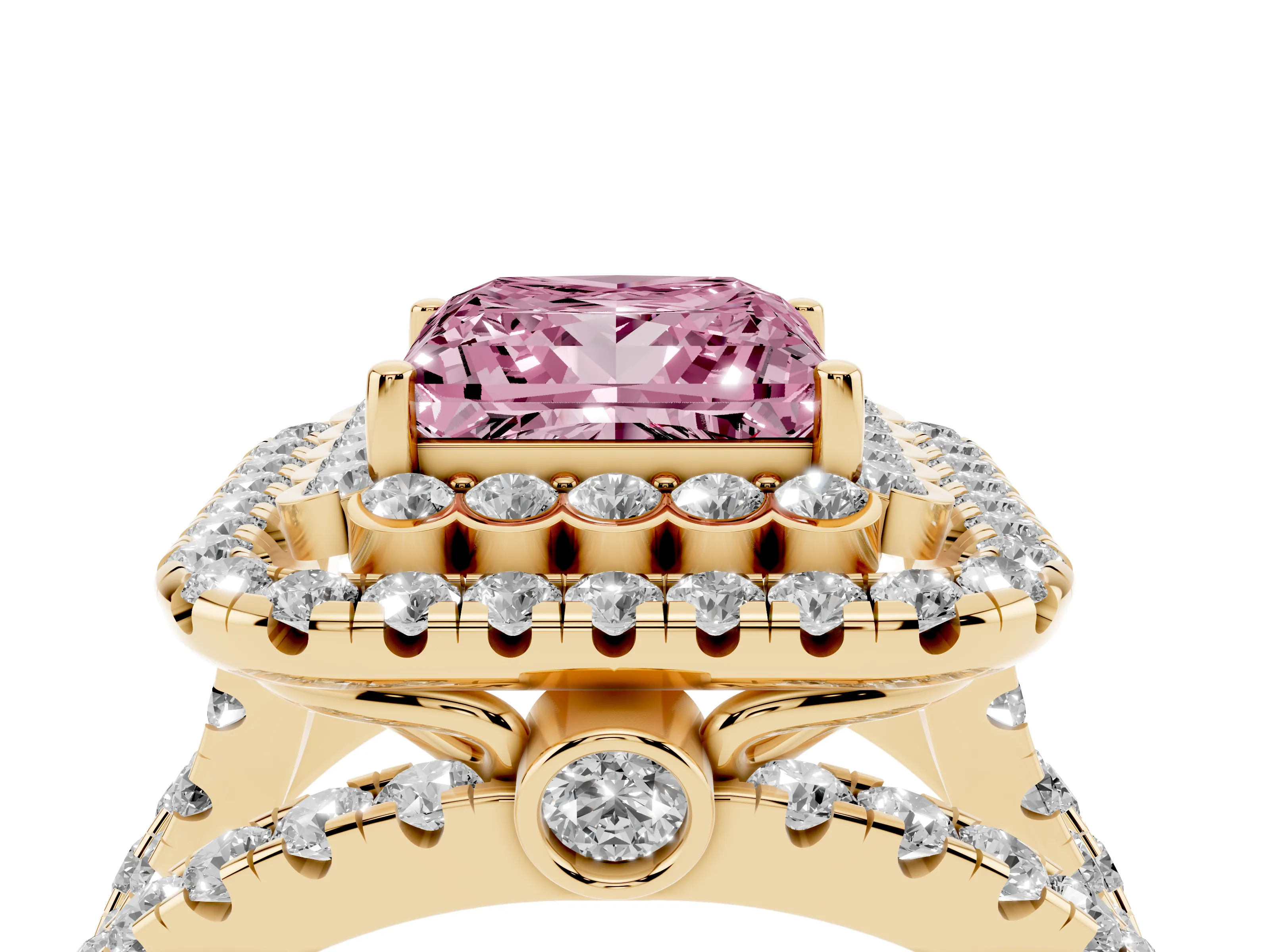Fancy Pink Princess Cut Diamond Double Halo Ring Set in Yellow gold with Round Pavé Split Shank