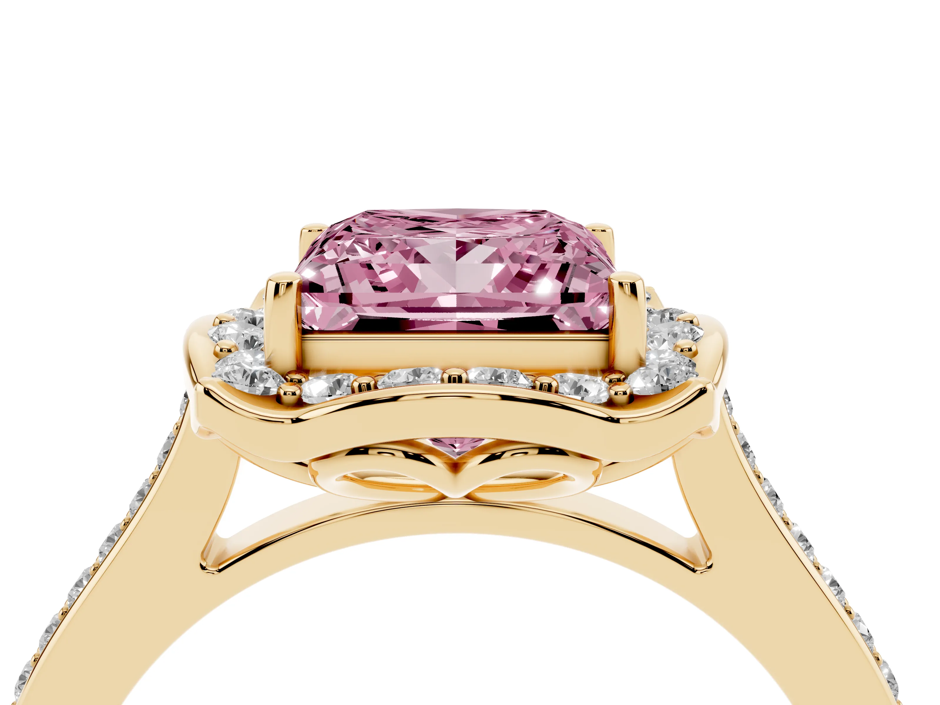 Fancy Pink Princess Cut Diamond Halo Ring Set in Yellow gold with Pavé-Lined Shoulders and Prong Setting