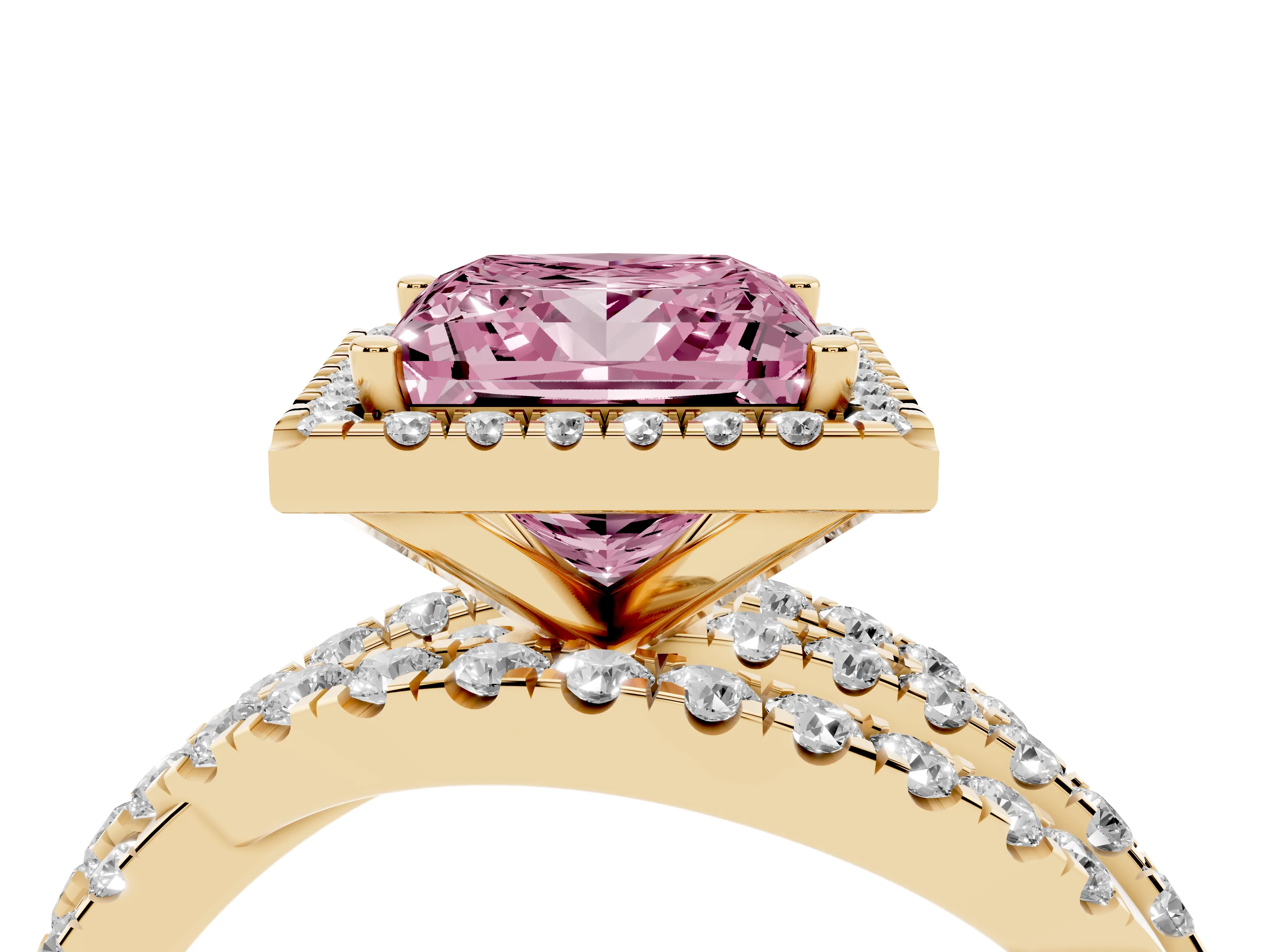 Fancy Pink Princess Cut Diamond Halo Ring Set in Yellow gold with Round Crossover Split Shank and Prong Setting