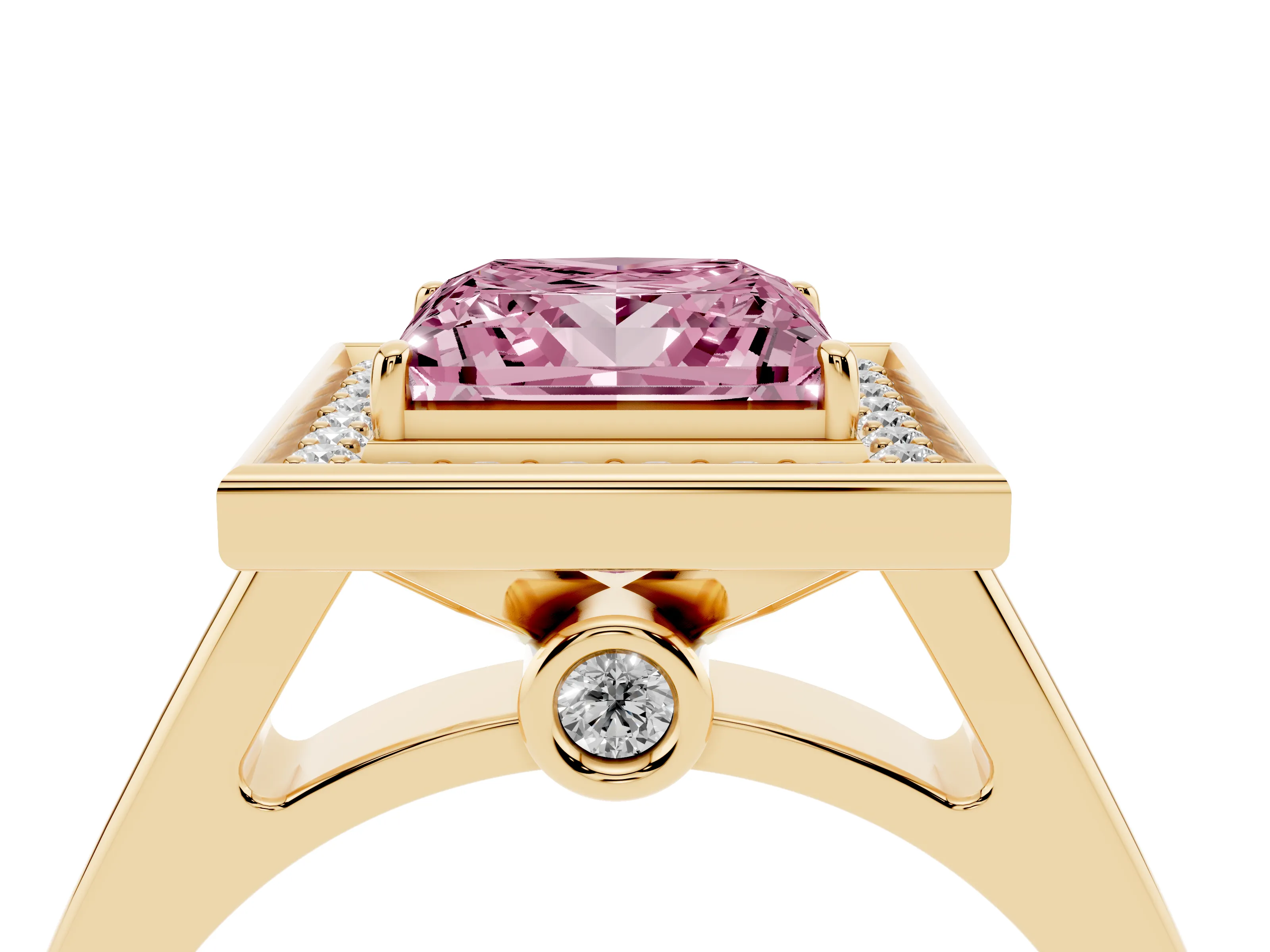 Fancy Pink Princess Cut Diamond Halo Solitaire Ring Set in Yellow gold with Pavé Band and Bezel Setting