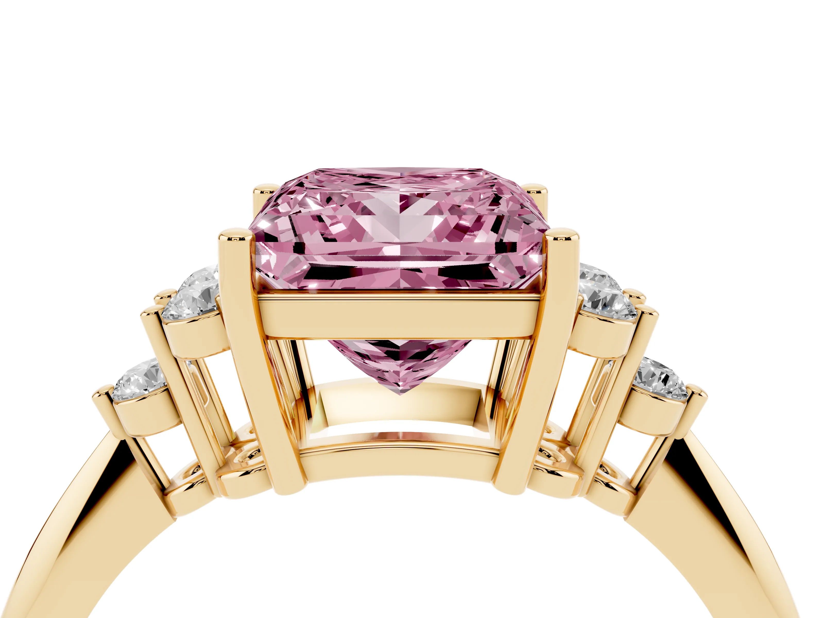 Fancy Pink Princess Cut Diamond Cluster Ring Set in Yellow gold with Plain Band and Prong Setting
