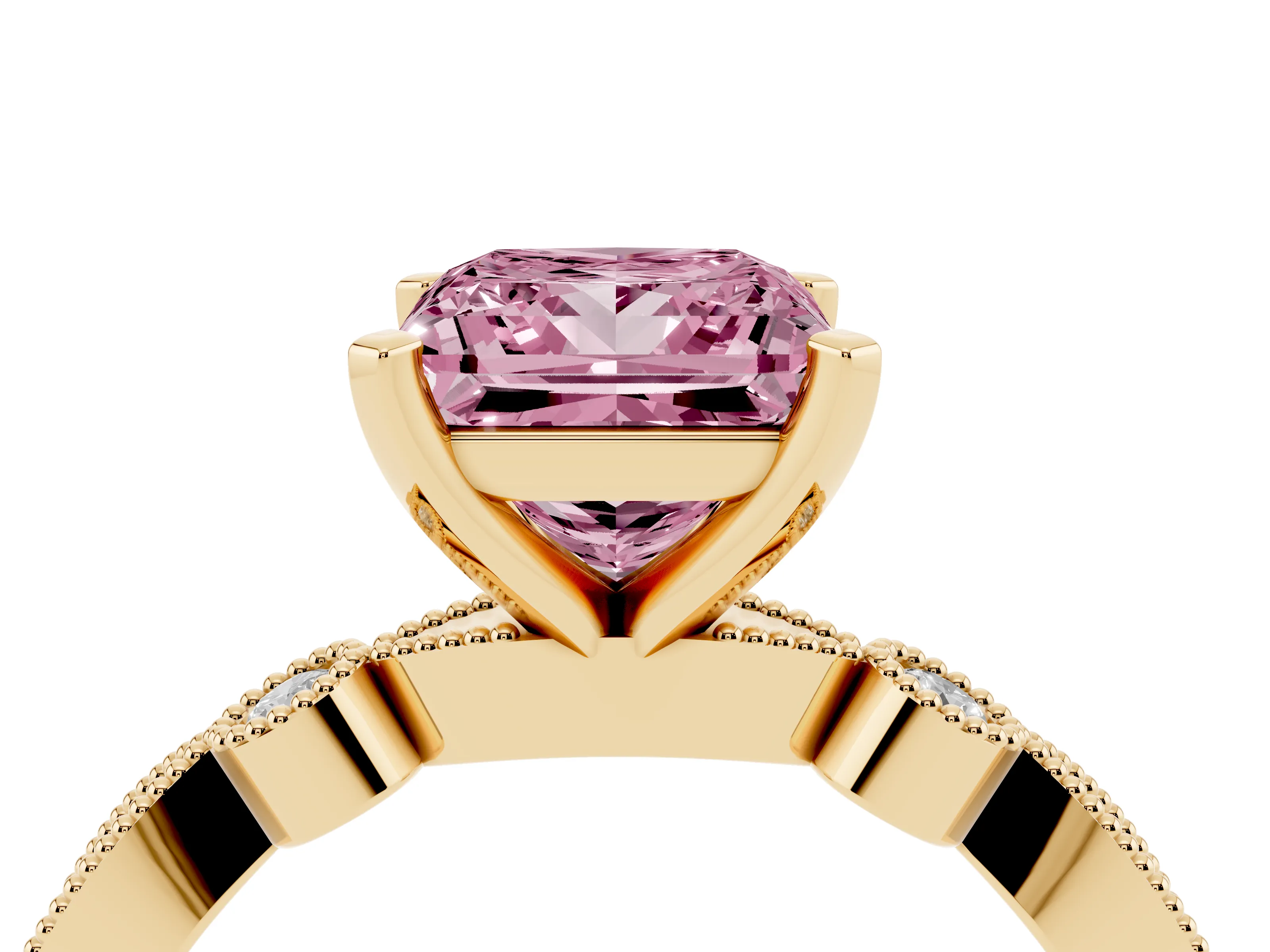 Fancy Pink Princess Cut Diamond Solitaire Engagement Ring Set in Yellow gold with Milgrain Bezel Accent Band
