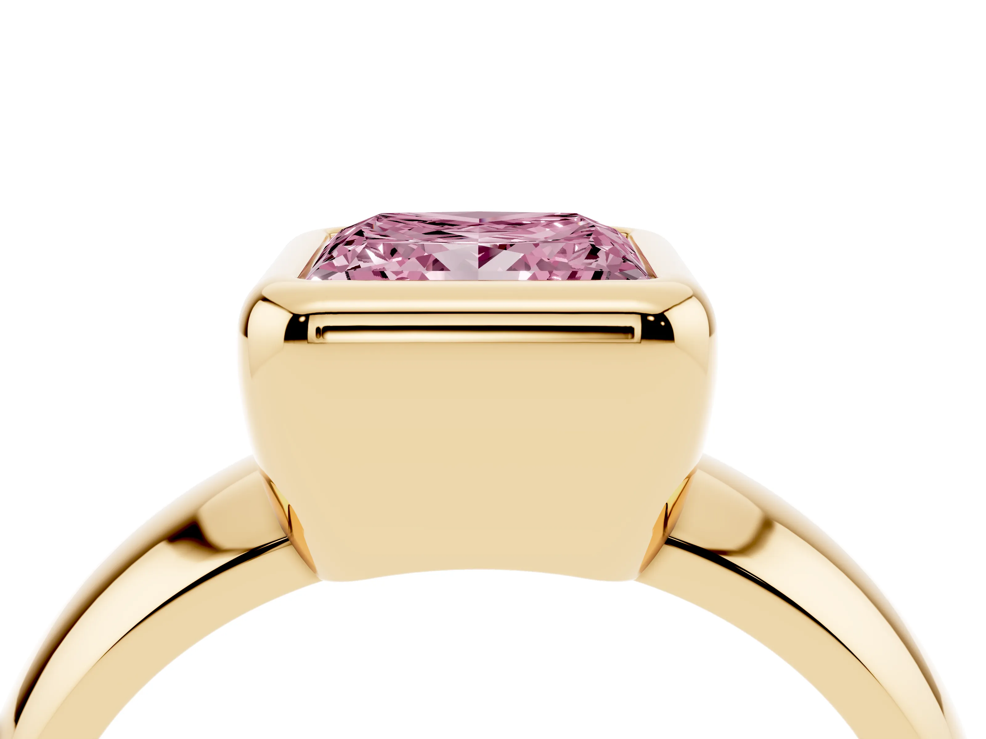 Fancy Pink Bezel Set Princess Cut Diamond Solitaire Ring Set in Yellow gold with Wide Band