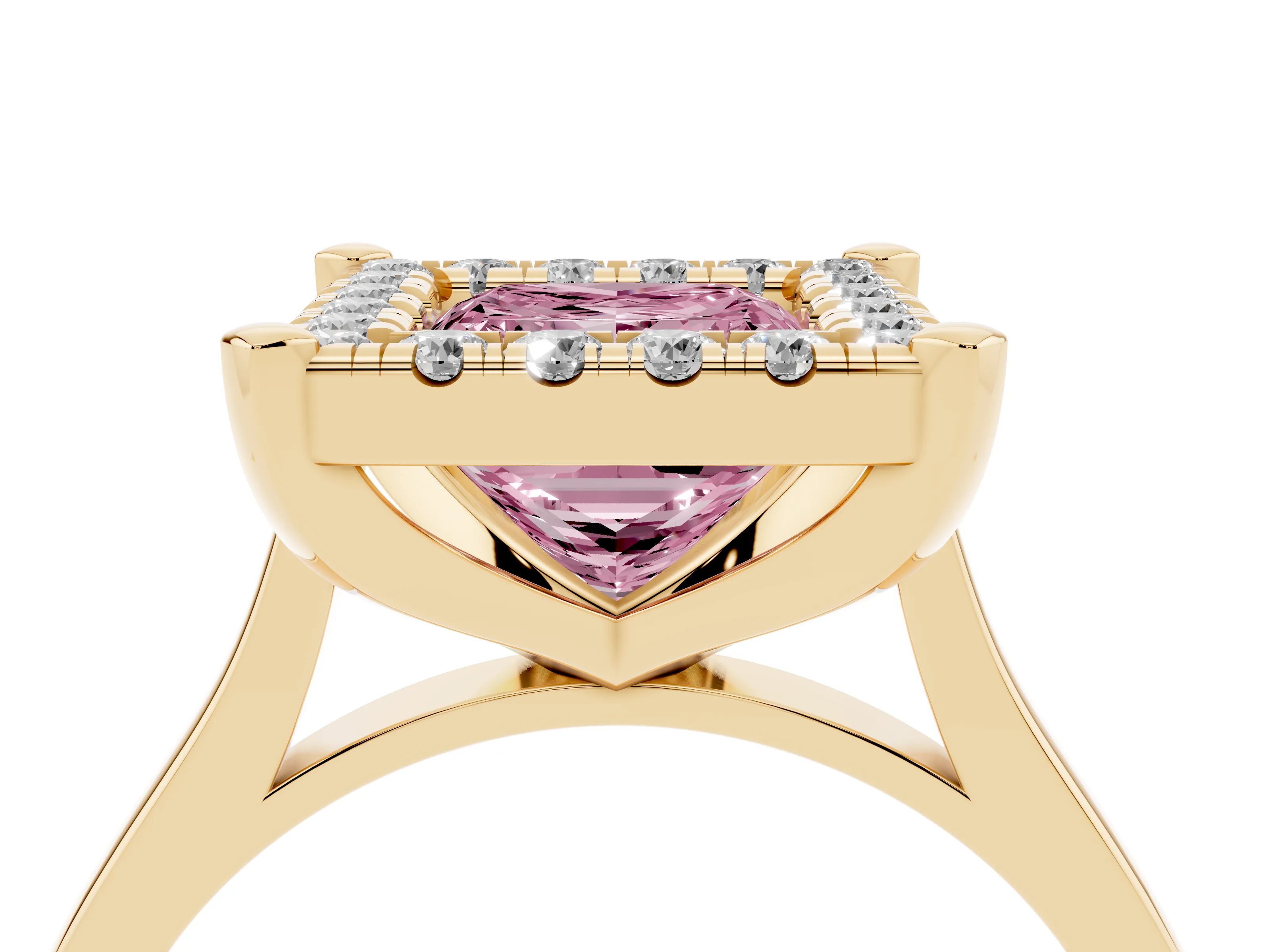 Fancy Pink Princess Cut Diamond Cluster Halo Solitaire Ring Set in Yellow gold with Prong Setting
