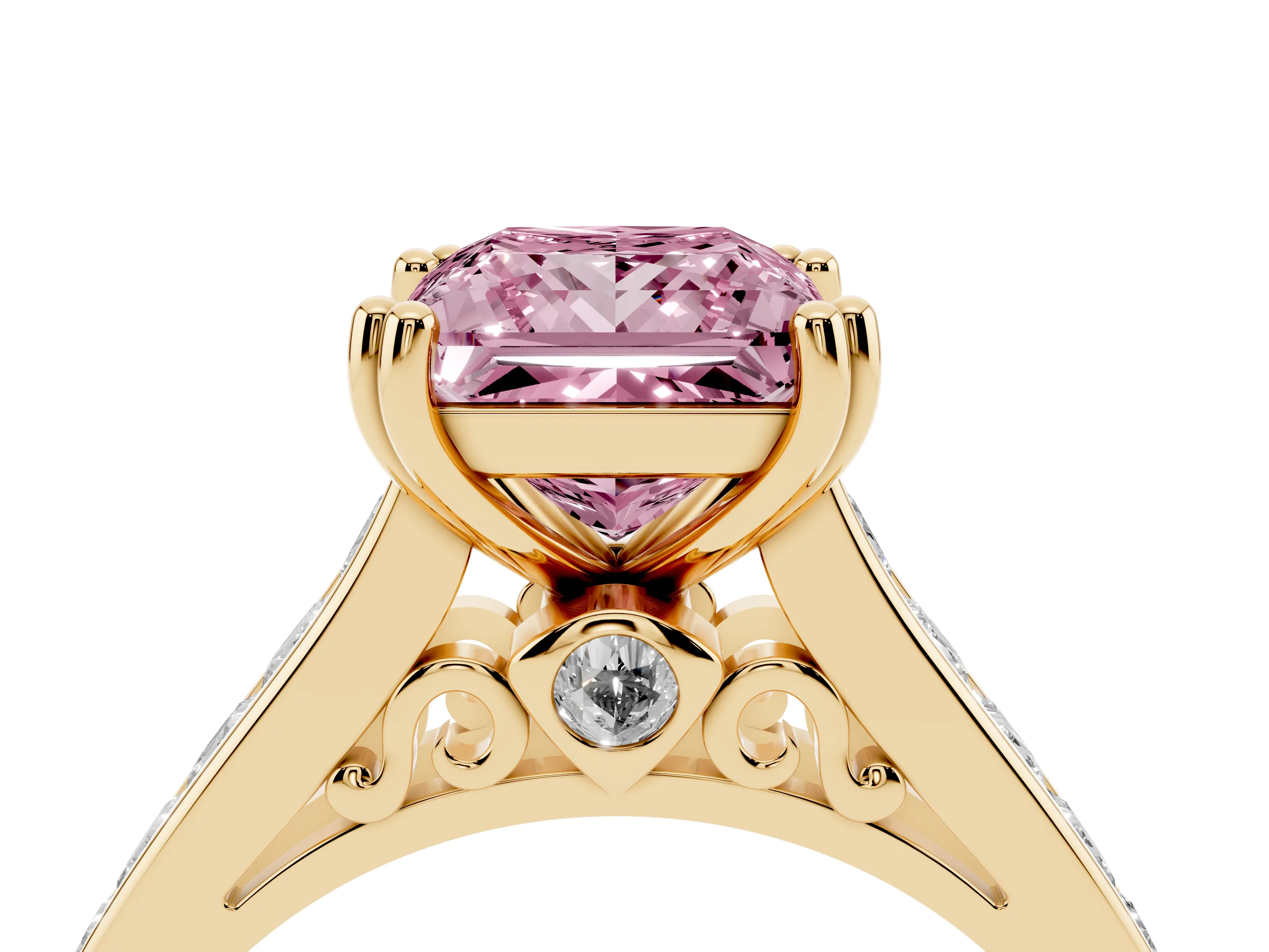 Fancy Pink Princess Cut Diamond Channel Set Solitaire Engagement Ring Set in Yellow gold with Prong Setting