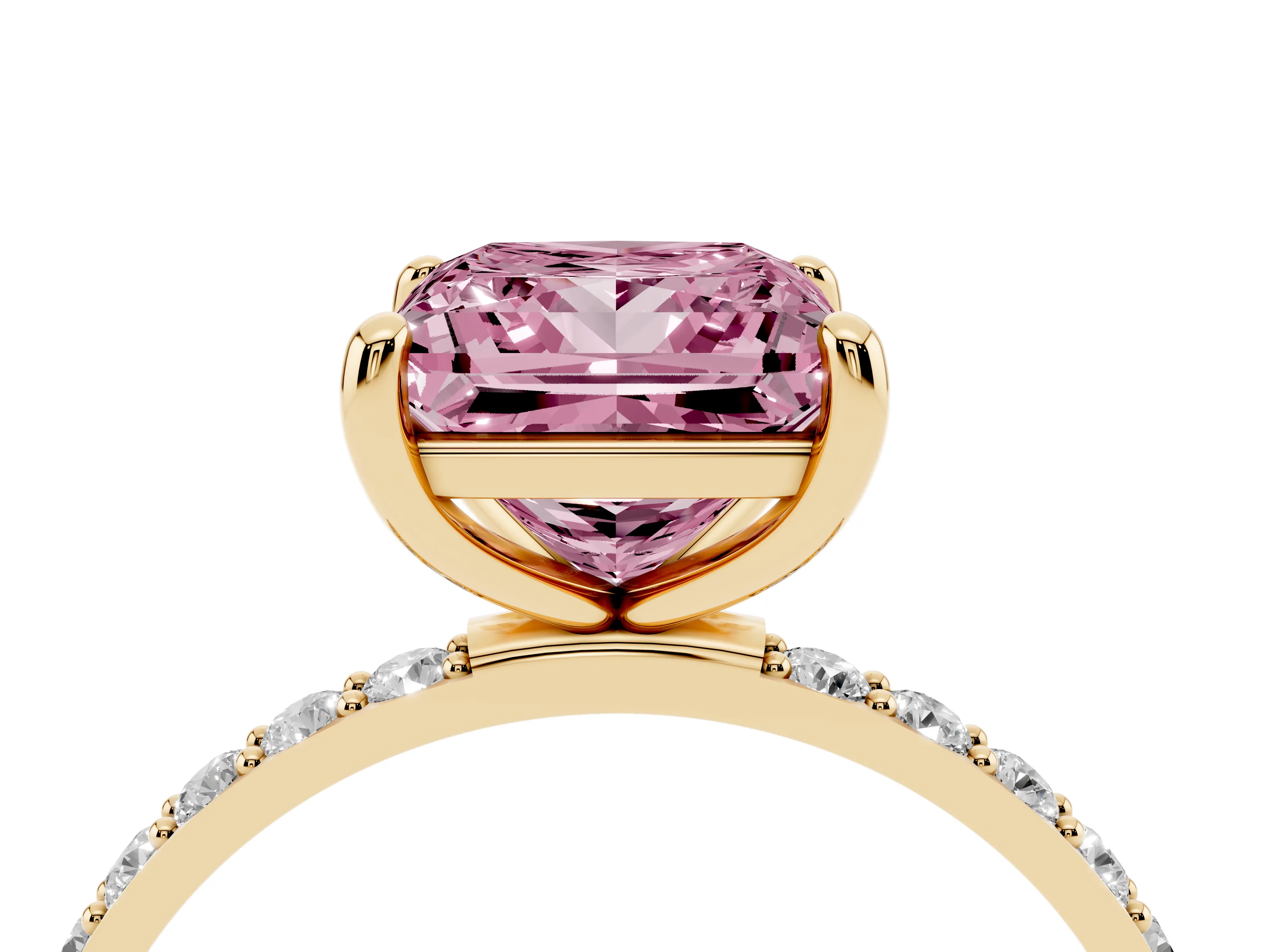 Fancy Pink Princess Cut Diamond Solitaire Ring Set in Yellow gold with Round Pavé Band and Prong Setting