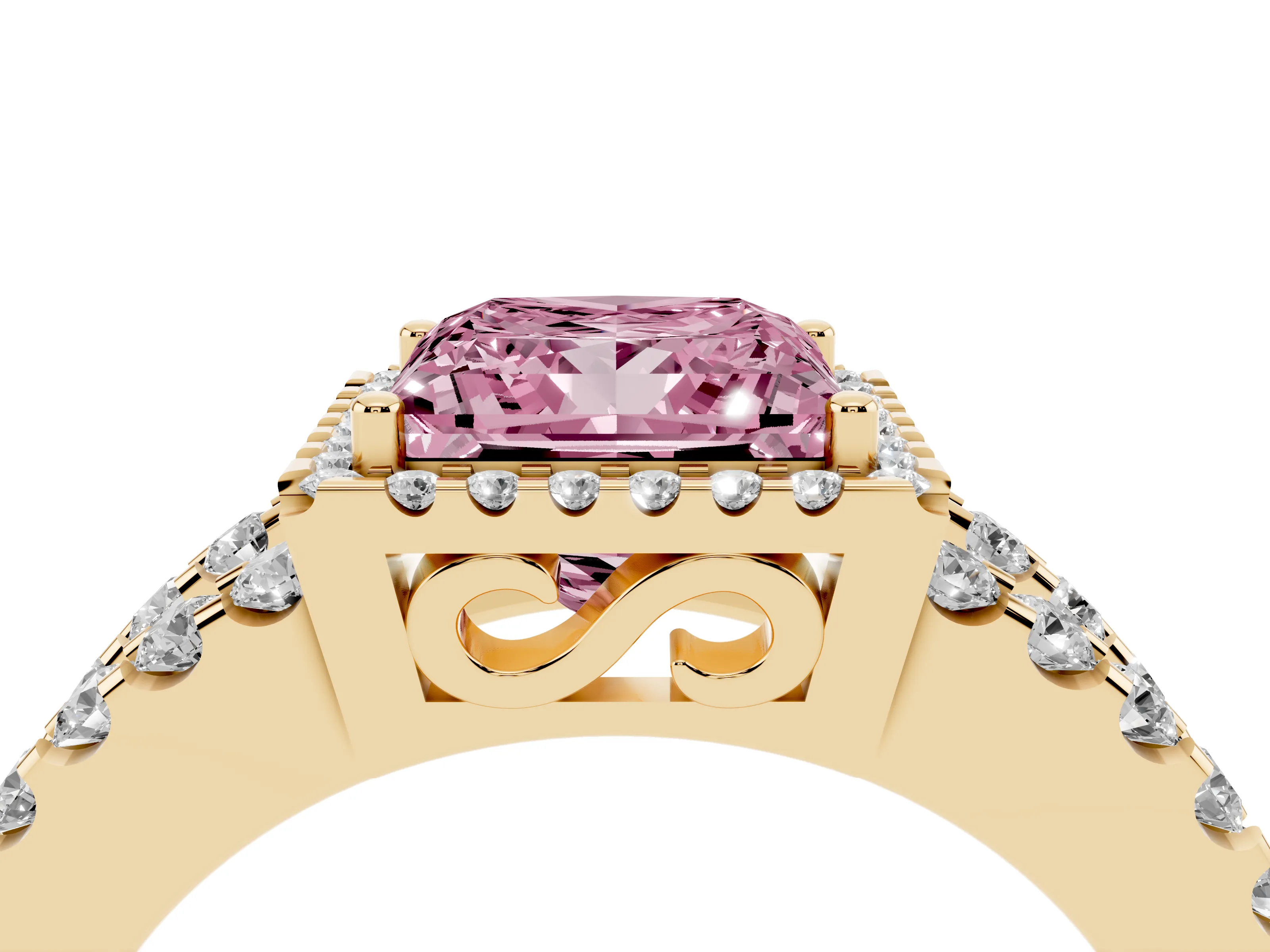 Fancy Pink Princess Cut Diamond Halo Ring Set in Yellow gold with Pavé Split Shank and Prong Setting