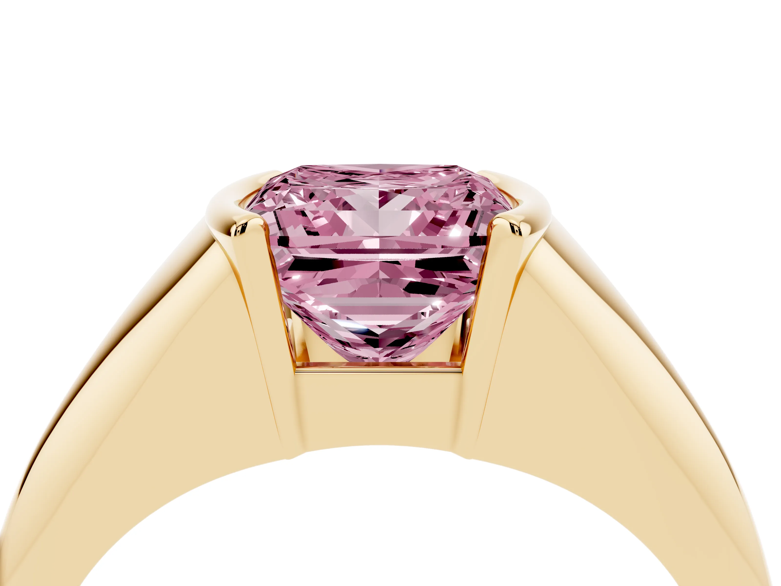 Fancy Pink Princess Cut Diamond Solitaire Tension Set Ring Set in Yellow gold