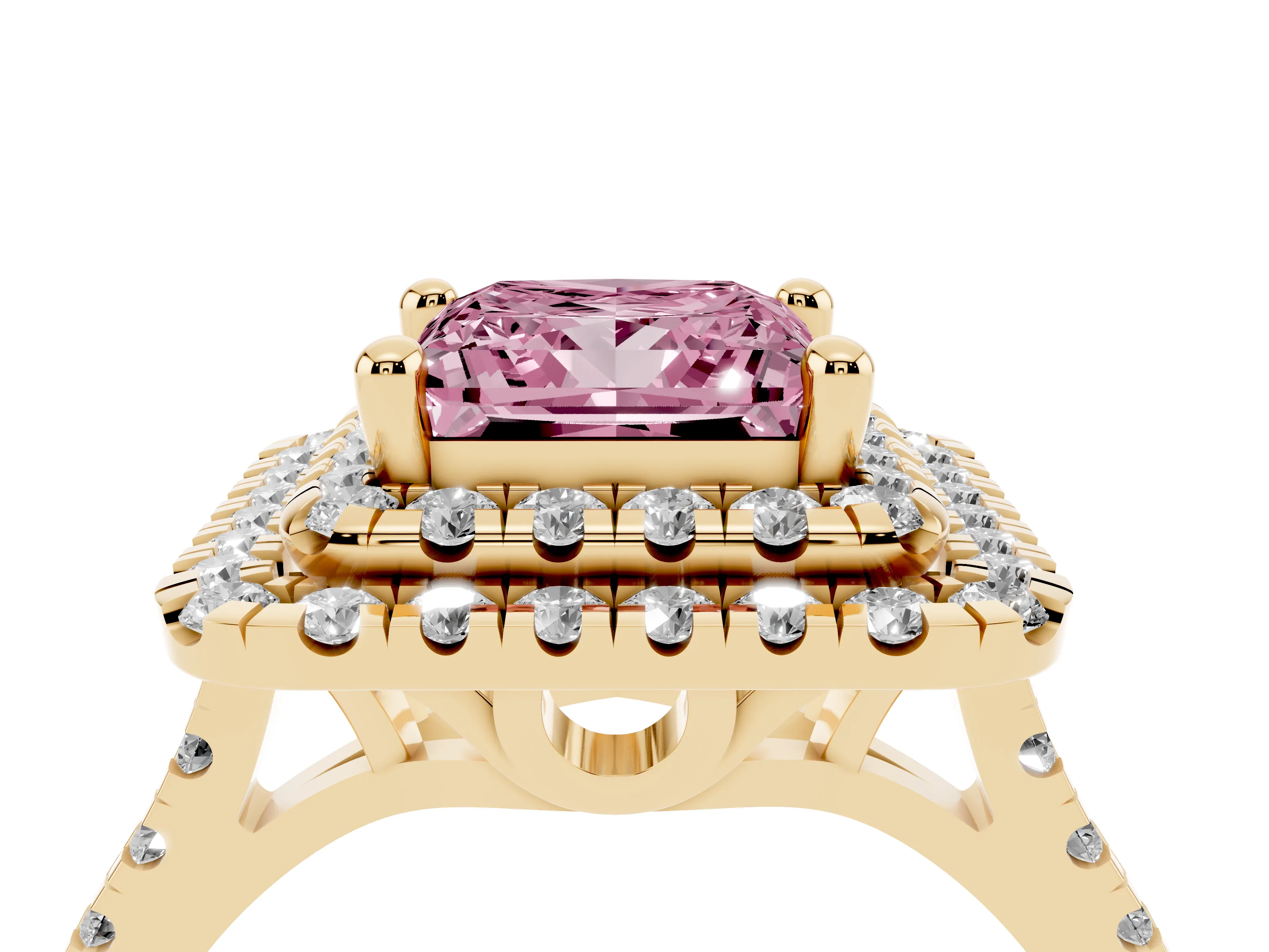 Fancy Pink Princess Cut Diamond Double Halo Statement Ring Set in Yellow gold with Pavé Band
