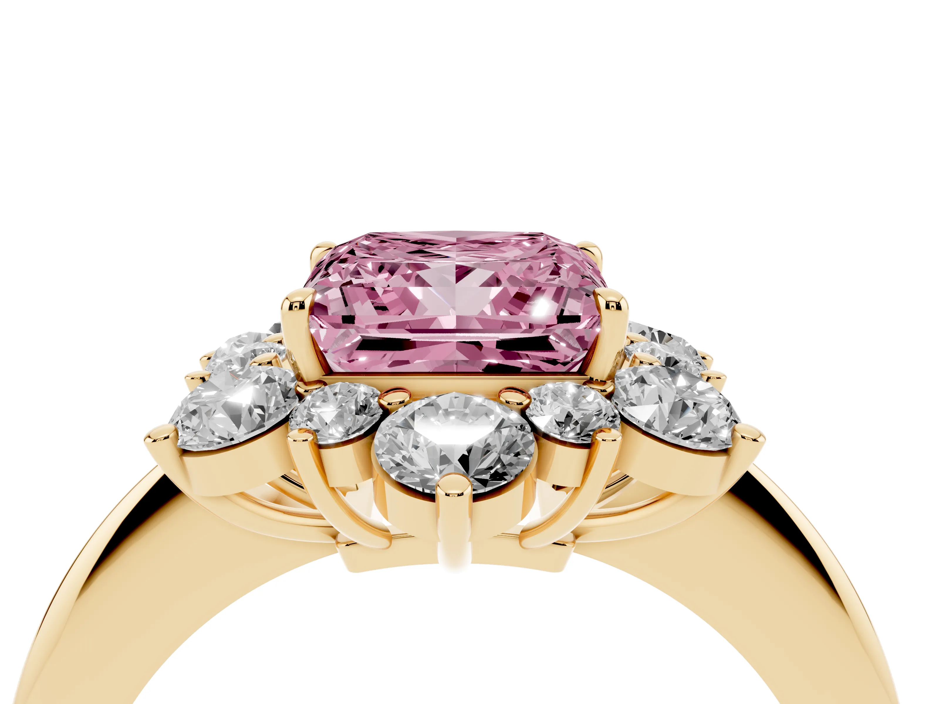 Fancy Pink Princess Cut Diamond Cluster Halo Ring Set in Yellow gold with Solitaire Band and Prong Setting