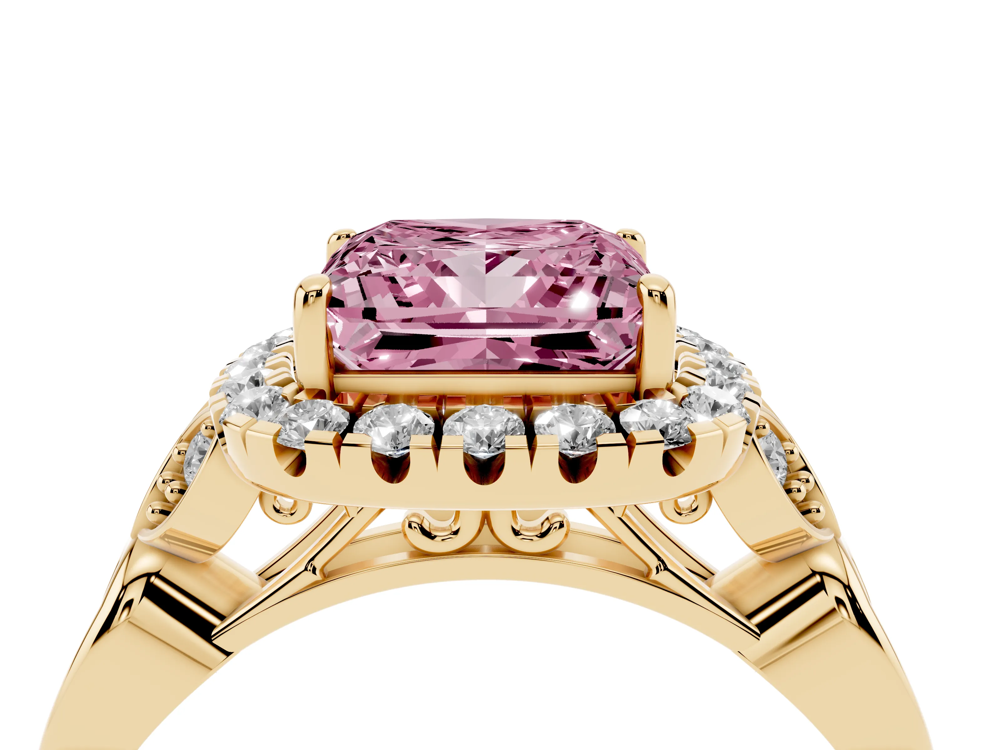 Fancy Pink Princess Cut Diamond Halo Engagement Ring Set in Yellow gold with Vintage-Inspired Band and Prong Setting