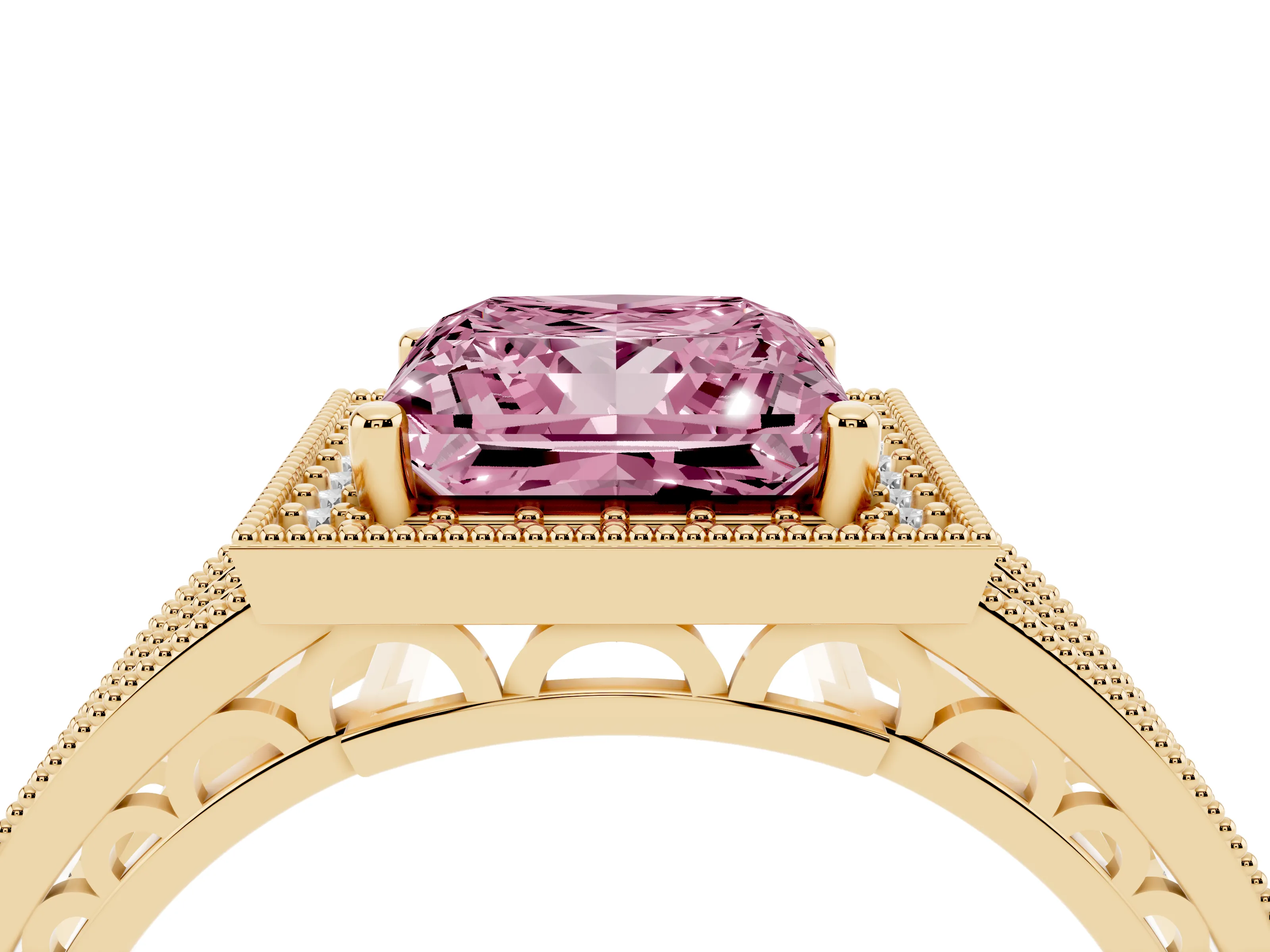 Fancy Pink Princess Cut Diamond Halo Ring Set in Yellow gold with Accent Split Shank and Prong Setting