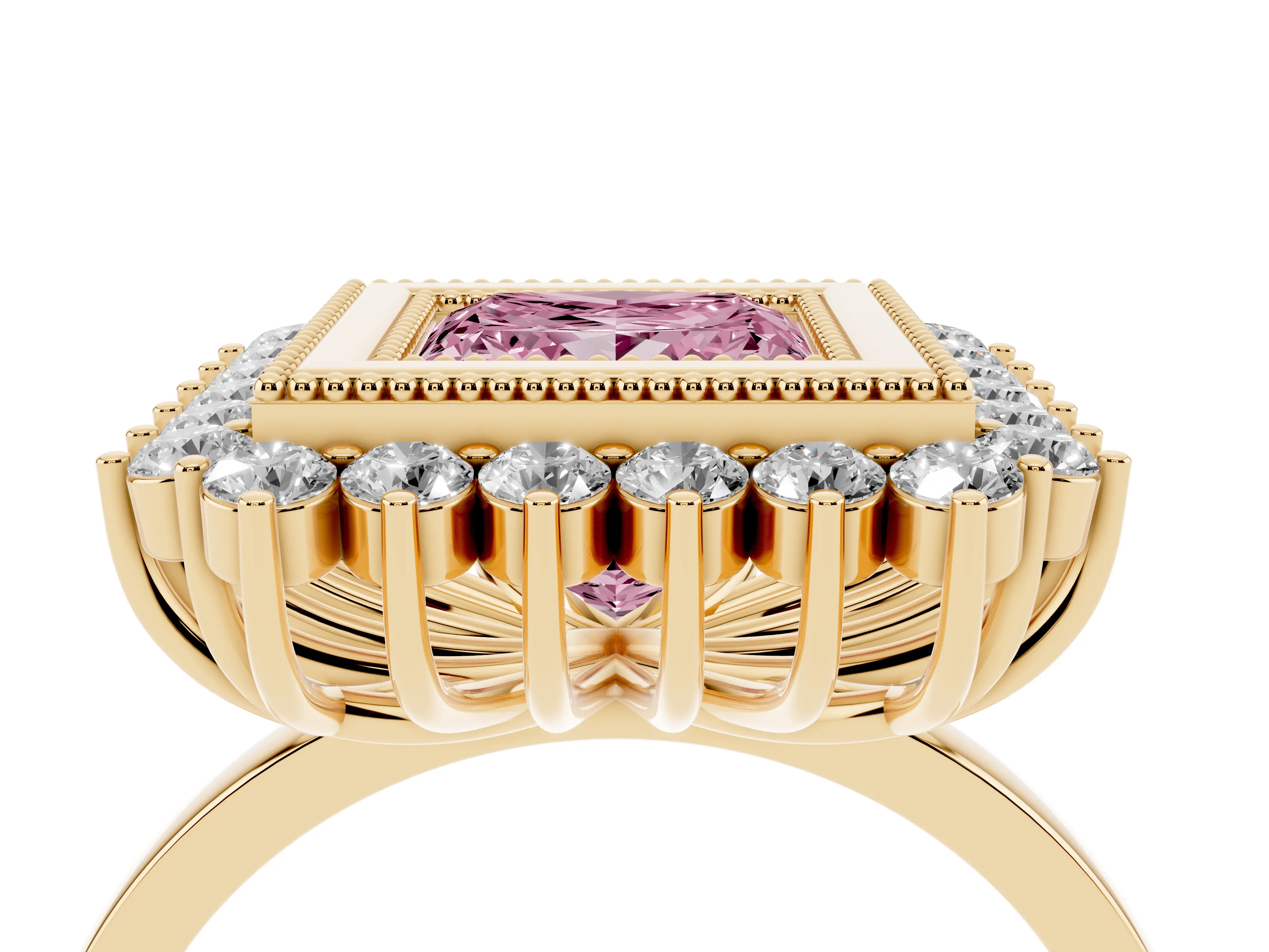 Fancy Pink Princess Cut Diamond Halo Ring Set in Yellow gold with Milgrain Edge and Round Prong Setting