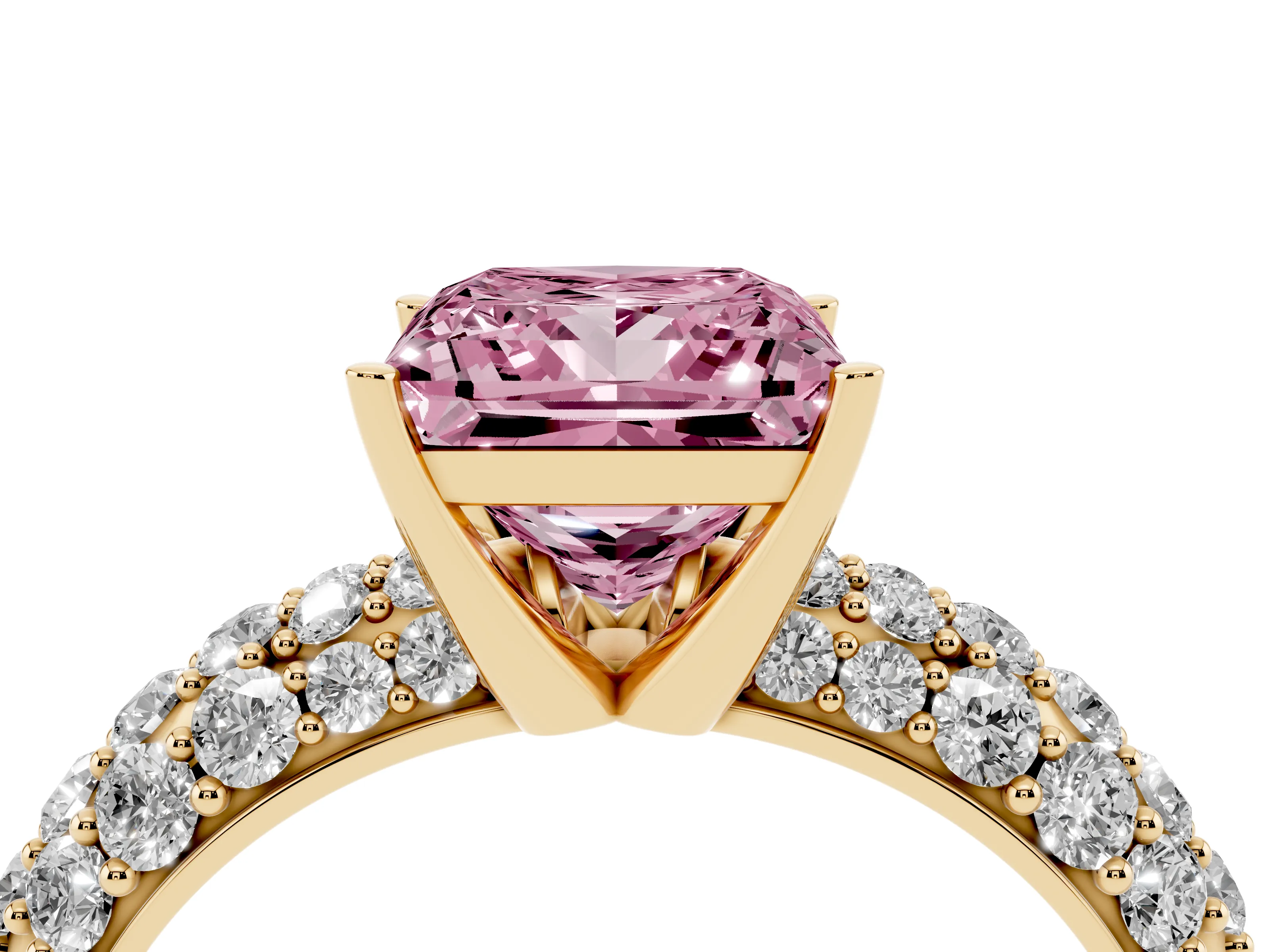 Fancy Pink Princess Cut Diamond Pavé Band Solitaire Ring Set in Yellow gold with Close-Set Accent Stones and Prong Setting