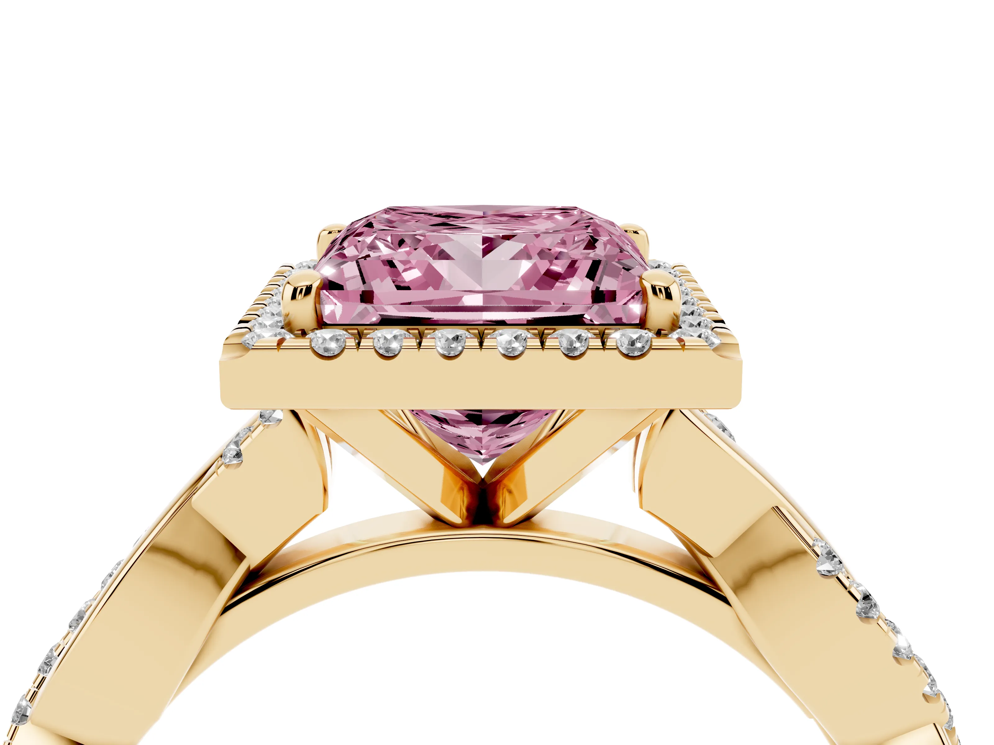 Fancy Pink Princess Cut Diamond Halo Twisted Band Ring Set in Yellow gold with Prong Setting