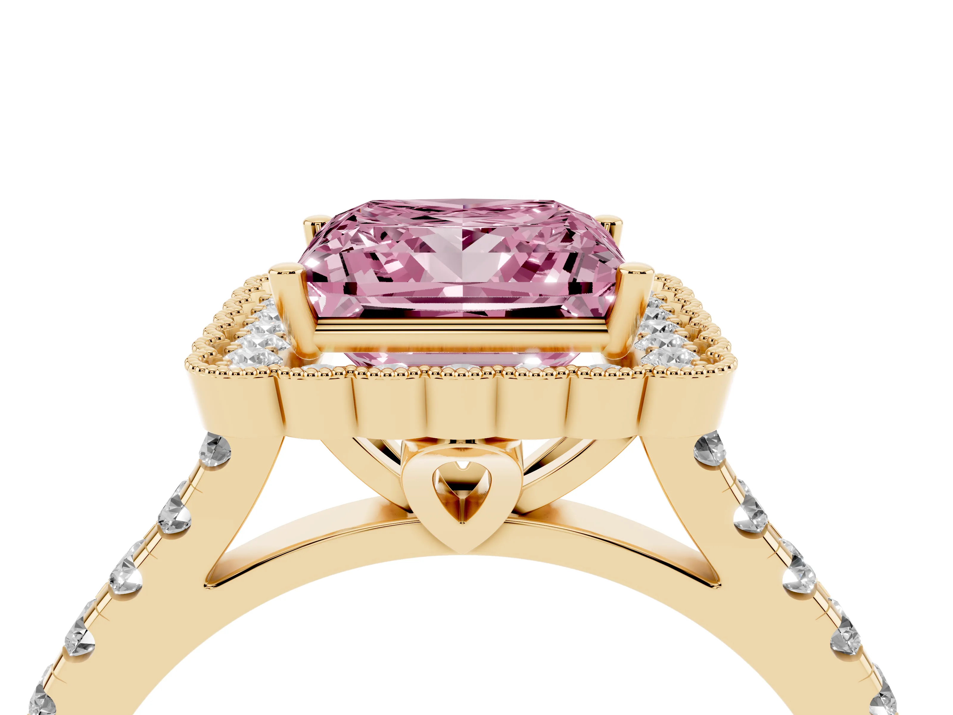 Fancy Pink Princess Cut Diamond Milgrain Floral Halo Engagement Ring Set in Yellow gold with Pavé Band